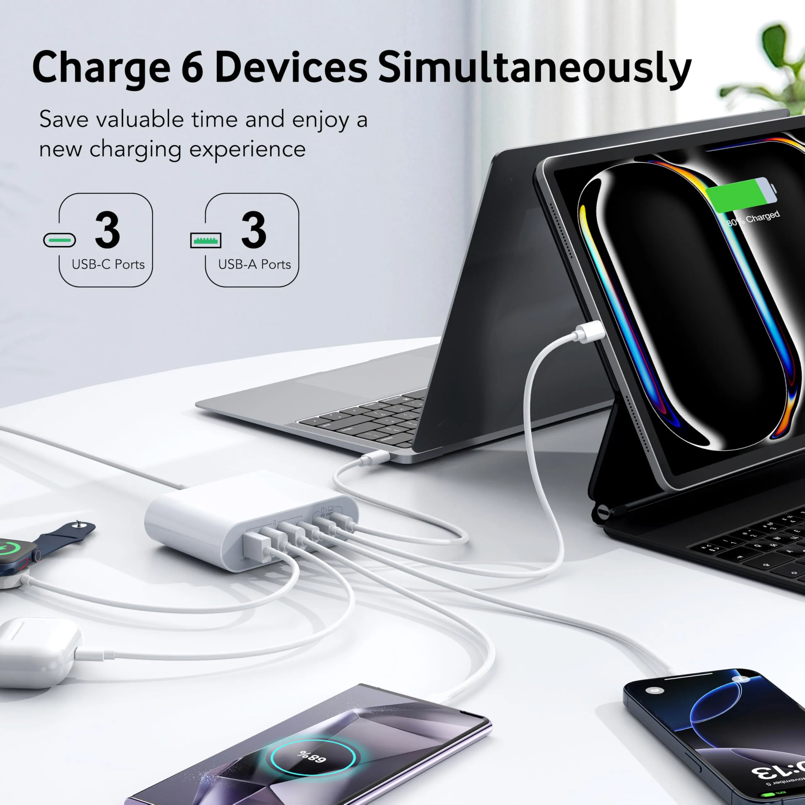 200W USB C Charger Block, 6 Port USB C Fast Charger Charging Station Hub Brick Multi Wall Charger Laptop Power Adapter for MacBook Pro Air iPad Pro iPhone 15 14 13 12 Galaxy Note S23 Pixel Steam Deck