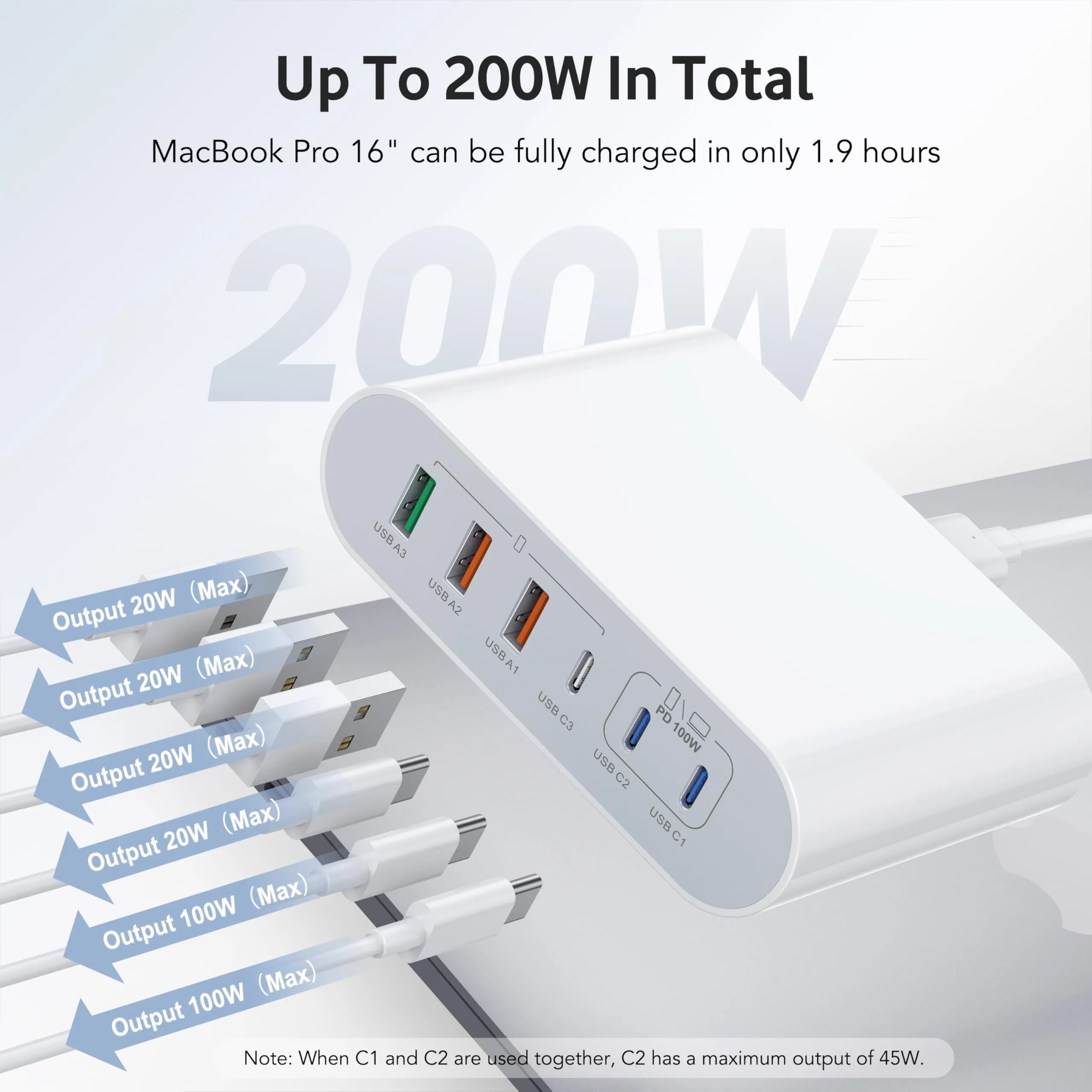 200W USB C Charger Block, 6 Port USB C Fast Charger Charging Station Hub Brick Multi Wall Charger Laptop Power Adapter for MacBook Pro Air iPad Pro iPhone 15 14 13 12 Galaxy Note S23 Pixel Steam Deck