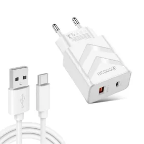 20W Dual-Port Fast Charging Travel Charger with USB-C Data Cable, EU Plug