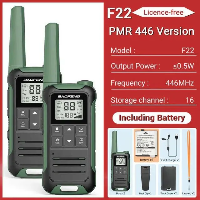 2Pcs Baofeng F22 PMR446 FRS Mini Walkie Talkie Licence-free Portable VOX Type-C Charger Long Range 2-Way Radio for Camping Hotel