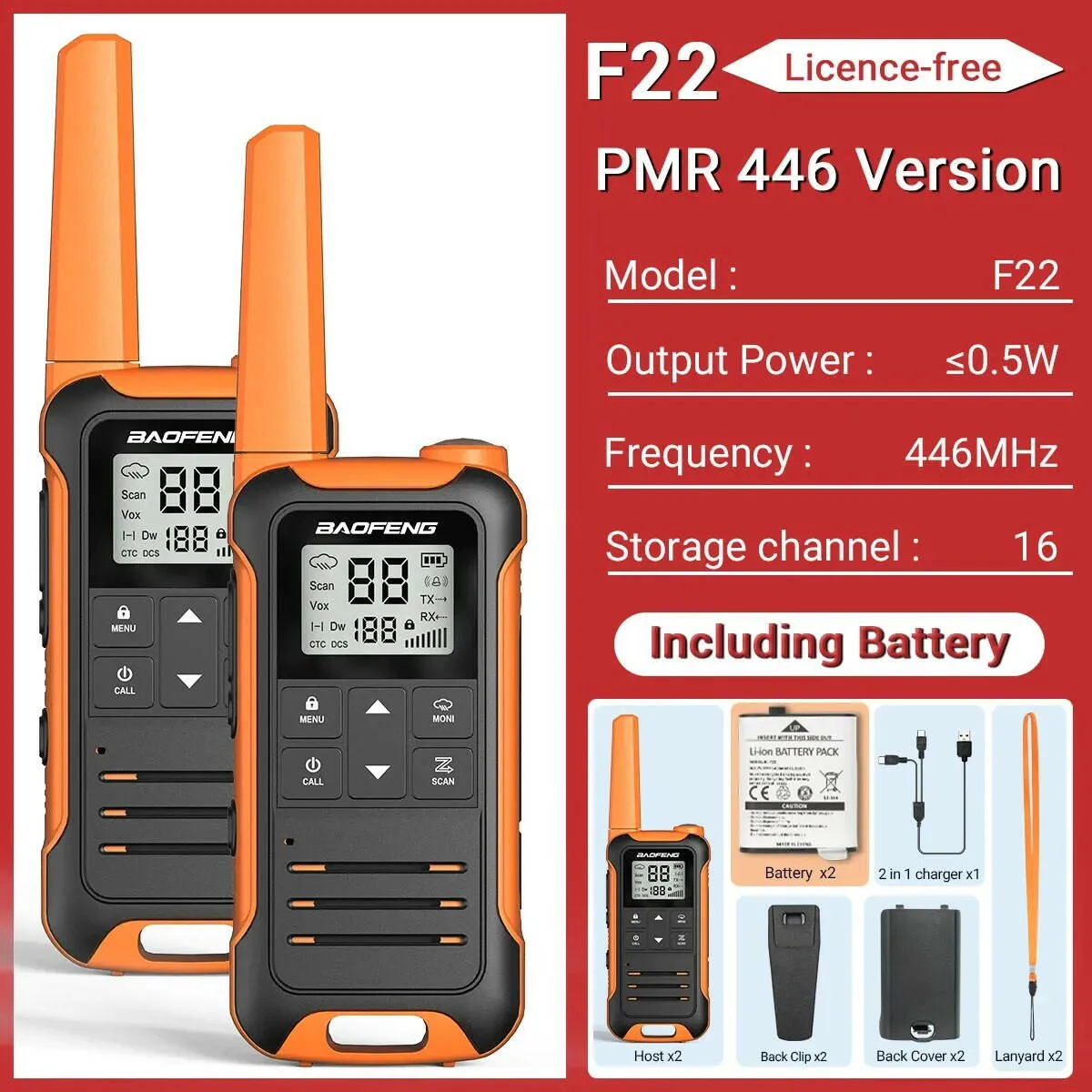 2Pcs Baofeng F22 PMR446 FRS Mini Walkie Talkie Licence-free Portable VOX Type-C Charger Long Range 2-Way Radio for Camping Hotel