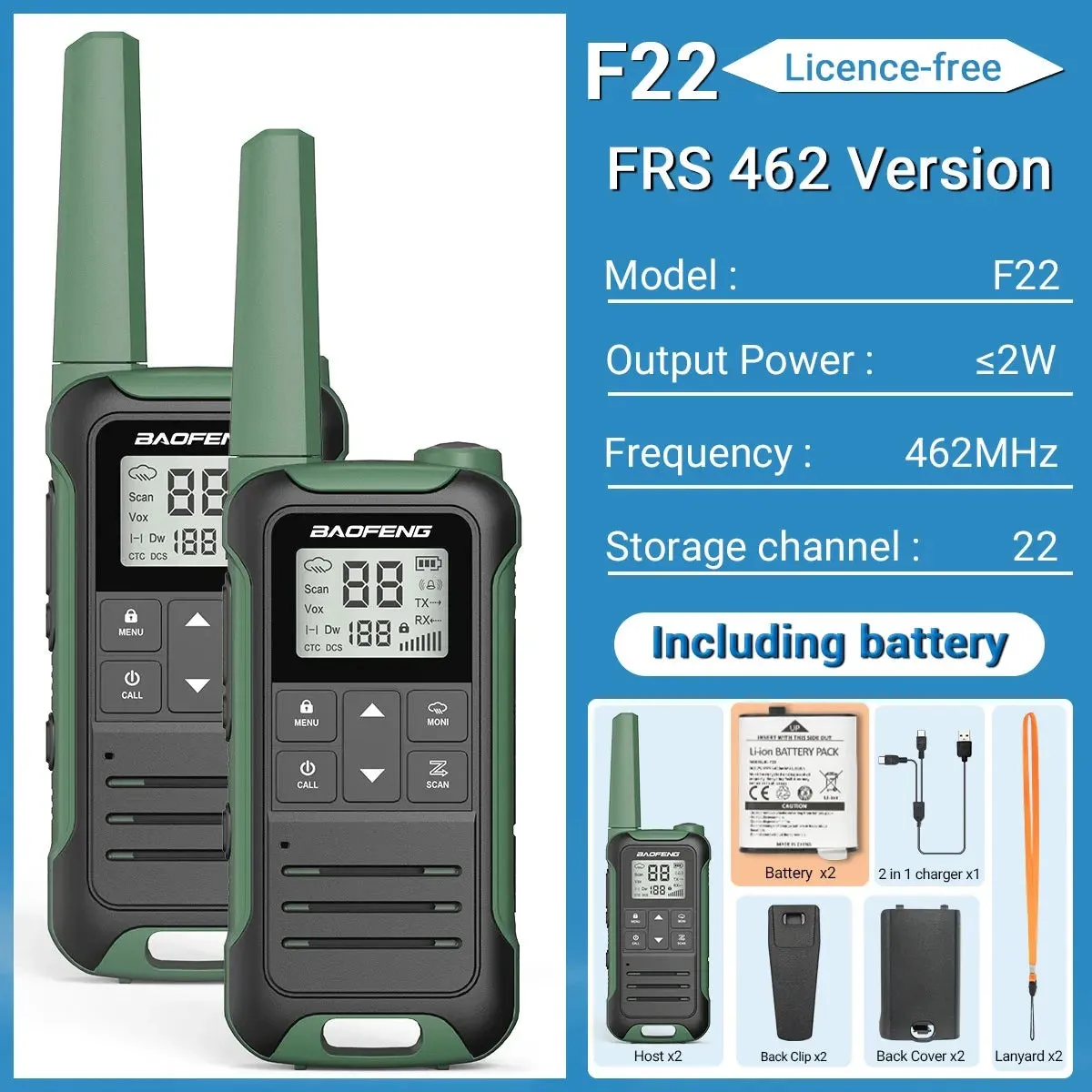 2Pcs Baofeng F22 PMR446 FRS Mini Walkie Talkie Licence-free Portable VOX Type-C Charger Long Range 2-Way Radio for Camping Hotel