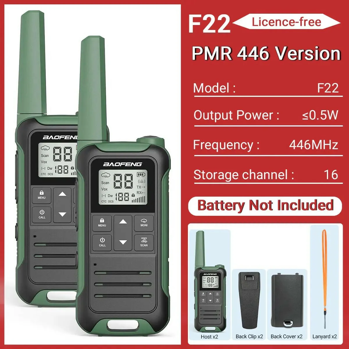 2Pcs Baofeng F22 PMR446 FRS Mini Walkie Talkie Licence-free Portable VOX Type-C Charger Long Range 2-Way Radio for Camping Hotel