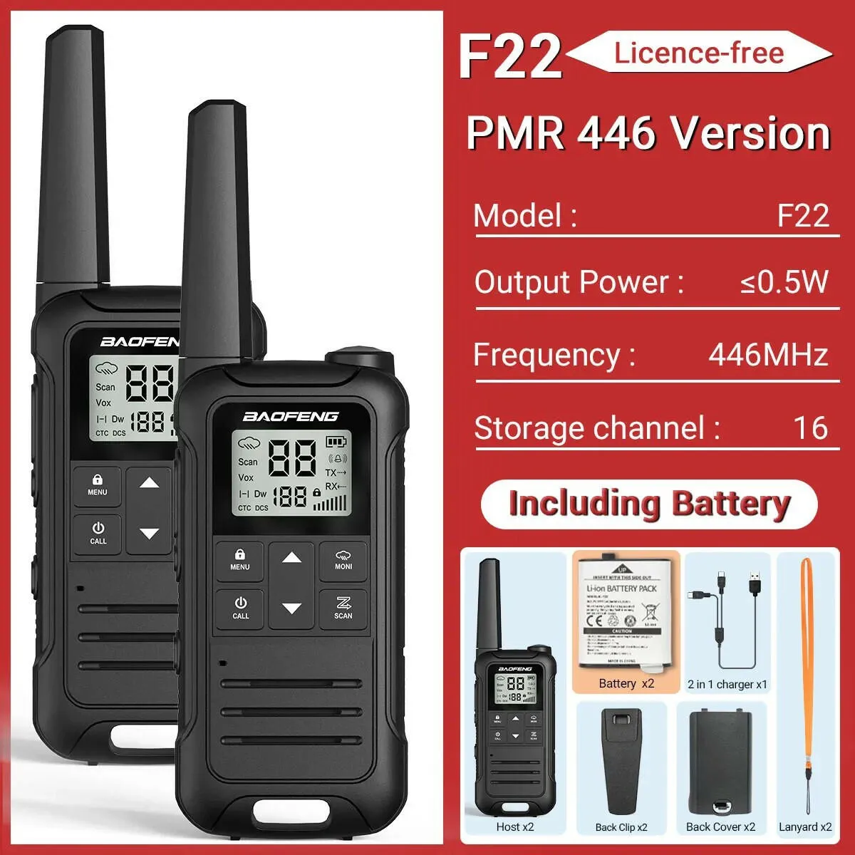 2Pcs Baofeng F22 PMR446 FRS Mini Walkie Talkie Licence-free Portable VOX Type-C Charger Long Range 2-Way Radio for Camping Hotel