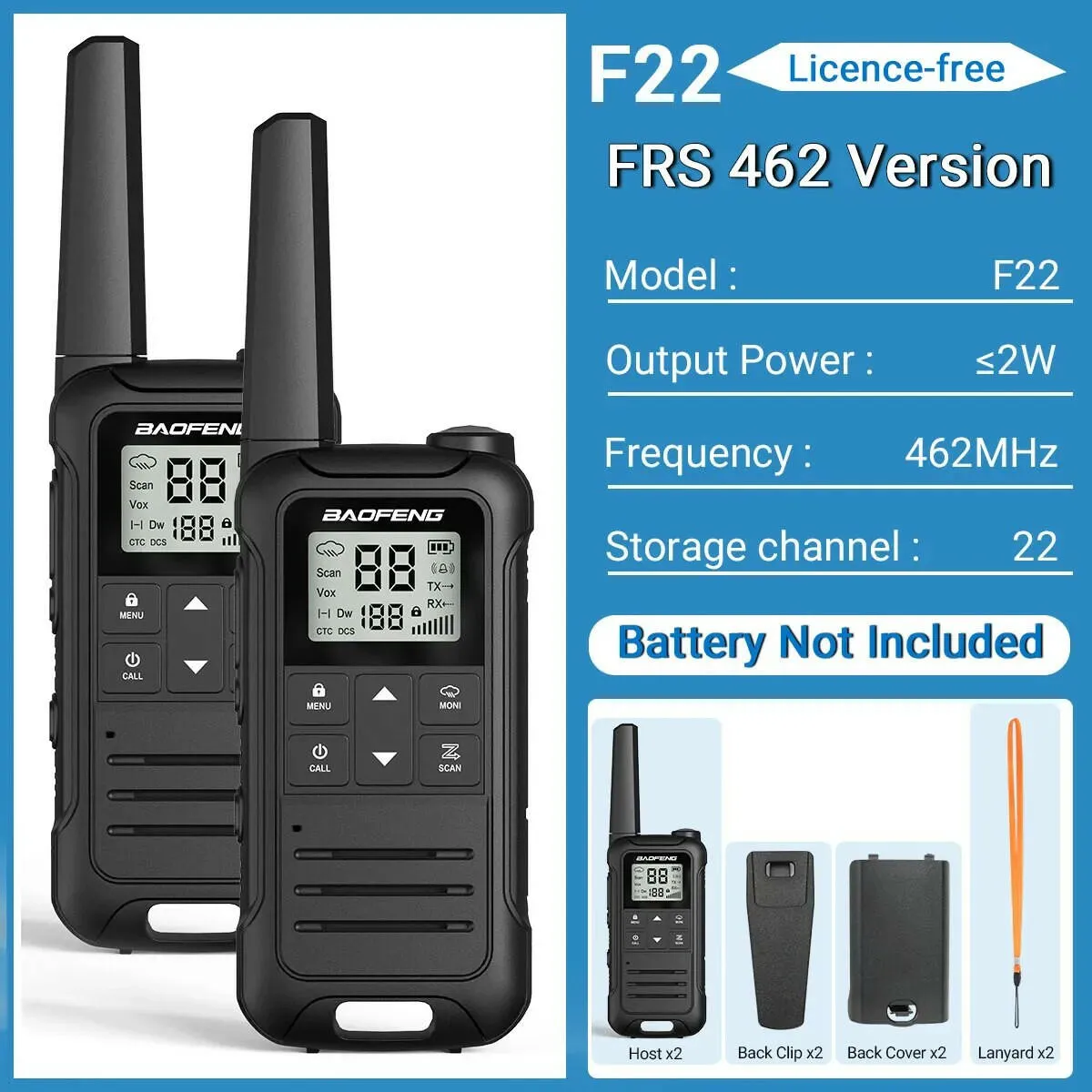 2Pcs Baofeng F22 PMR446 FRS Mini Walkie Talkie Licence-free Portable VOX Type-C Charger Long Range 2-Way Radio for Camping Hotel