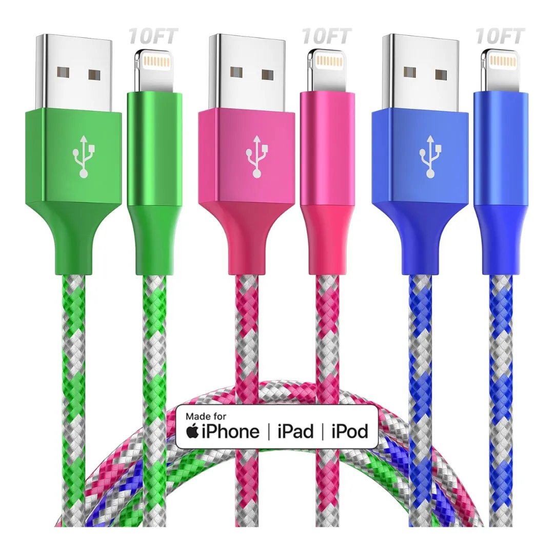 3-Pack Apple MFi Certified 10ft iPhone Charger Lightning Cable