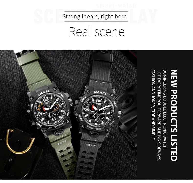 50M Water Resitant Clock Alarm 1545D Dual Display Wristwatch Quartz Military Watch Sport New Mens Watch