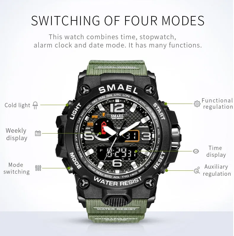 50M Water Resitant Clock Alarm 1545D Dual Display Wristwatch Quartz Military Watch Sport New Mens Watch