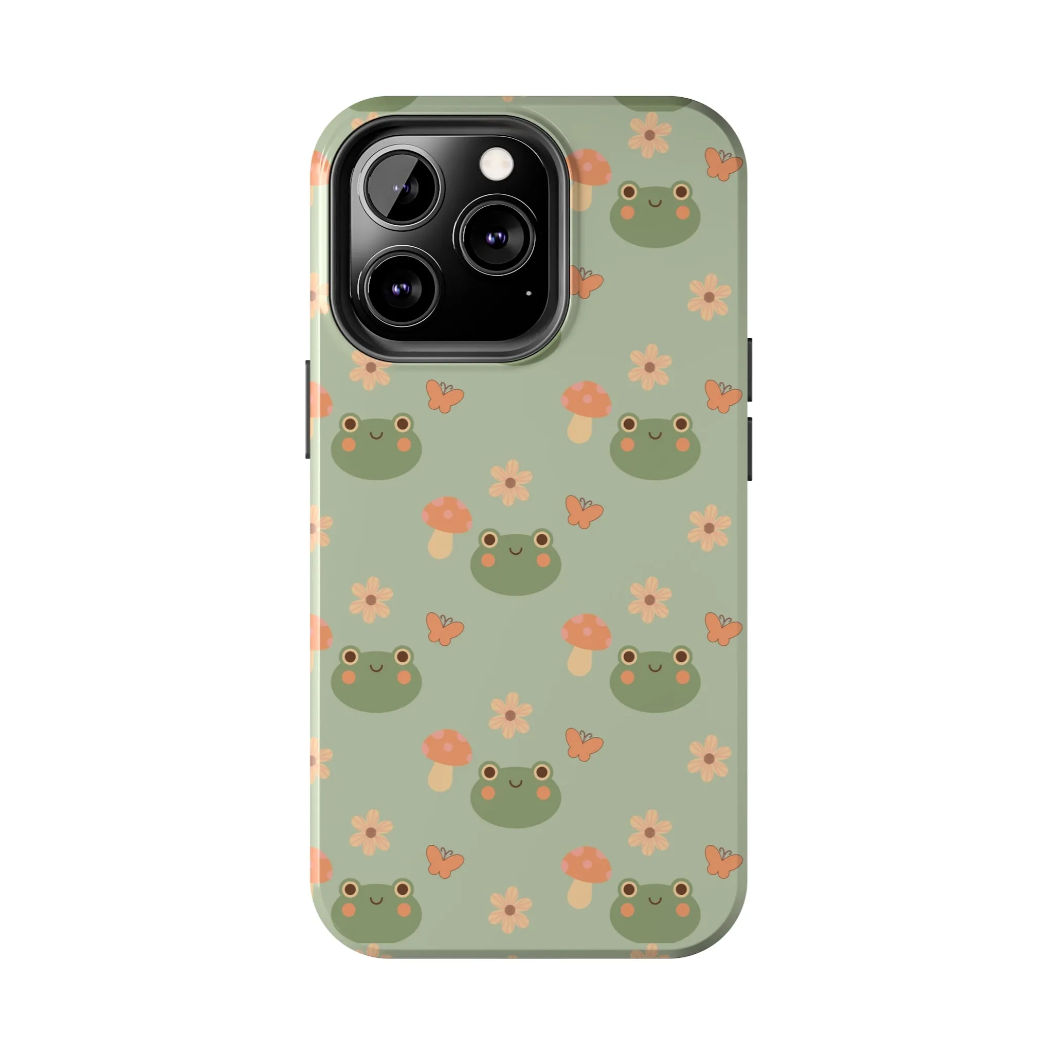 Adorable Frogs and Mushrooms iPhone Case, Cute Pastel Green Aesthetic, Protective Phone Accessory, Tough iPhone Case