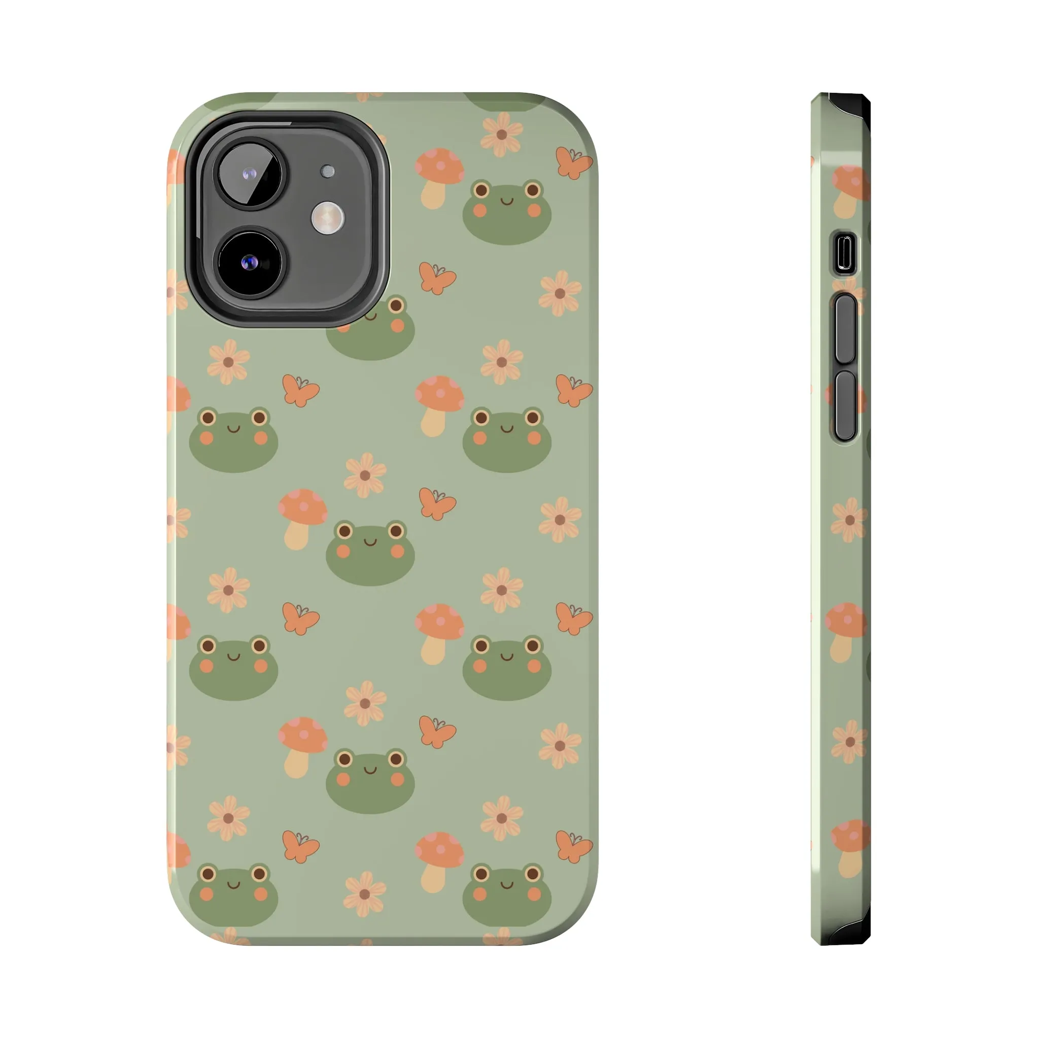 Adorable Frogs and Mushrooms iPhone Case, Cute Pastel Green Aesthetic, Protective Phone Accessory, Tough iPhone Case