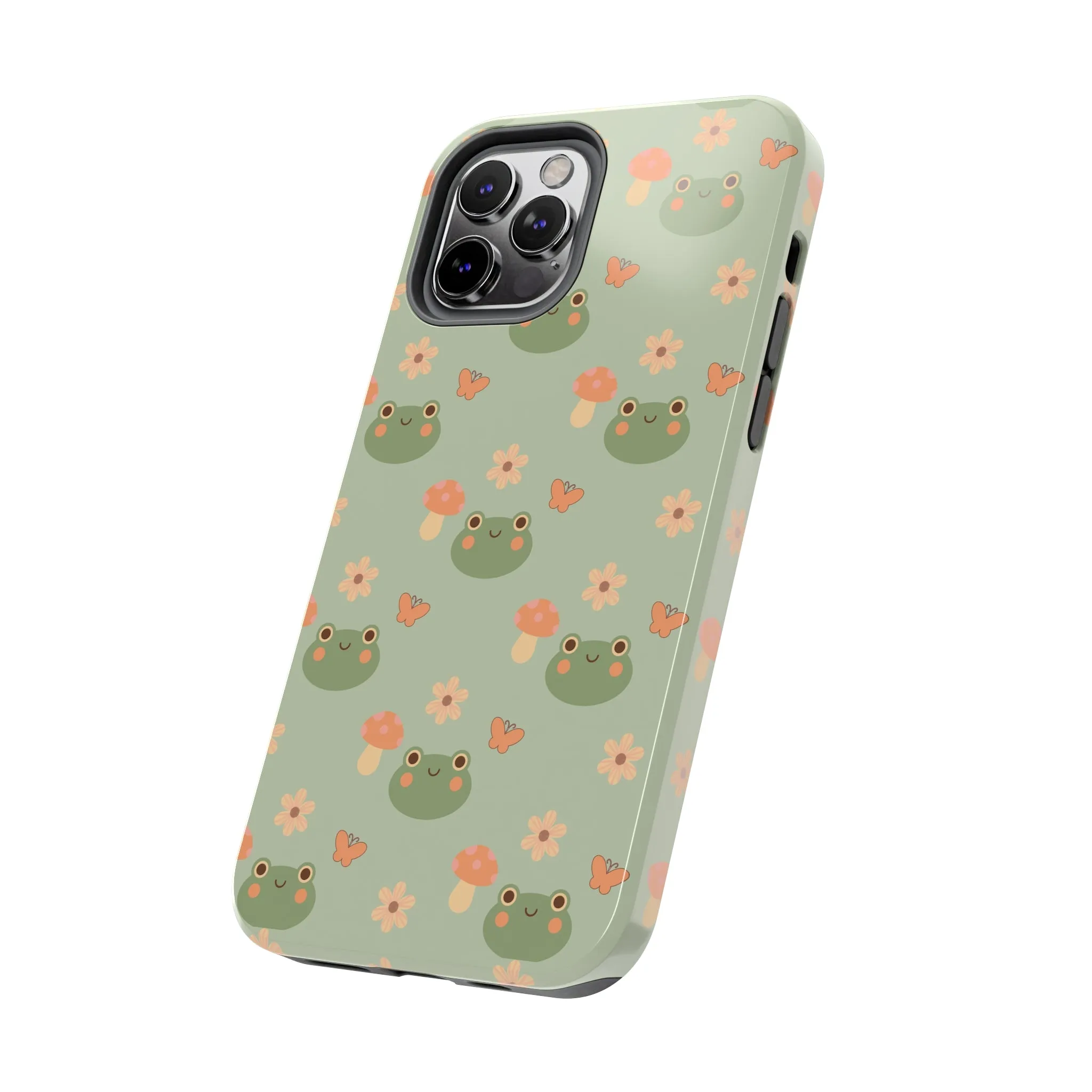 Adorable Frogs and Mushrooms iPhone Case, Cute Pastel Green Aesthetic, Protective Phone Accessory, Tough iPhone Case