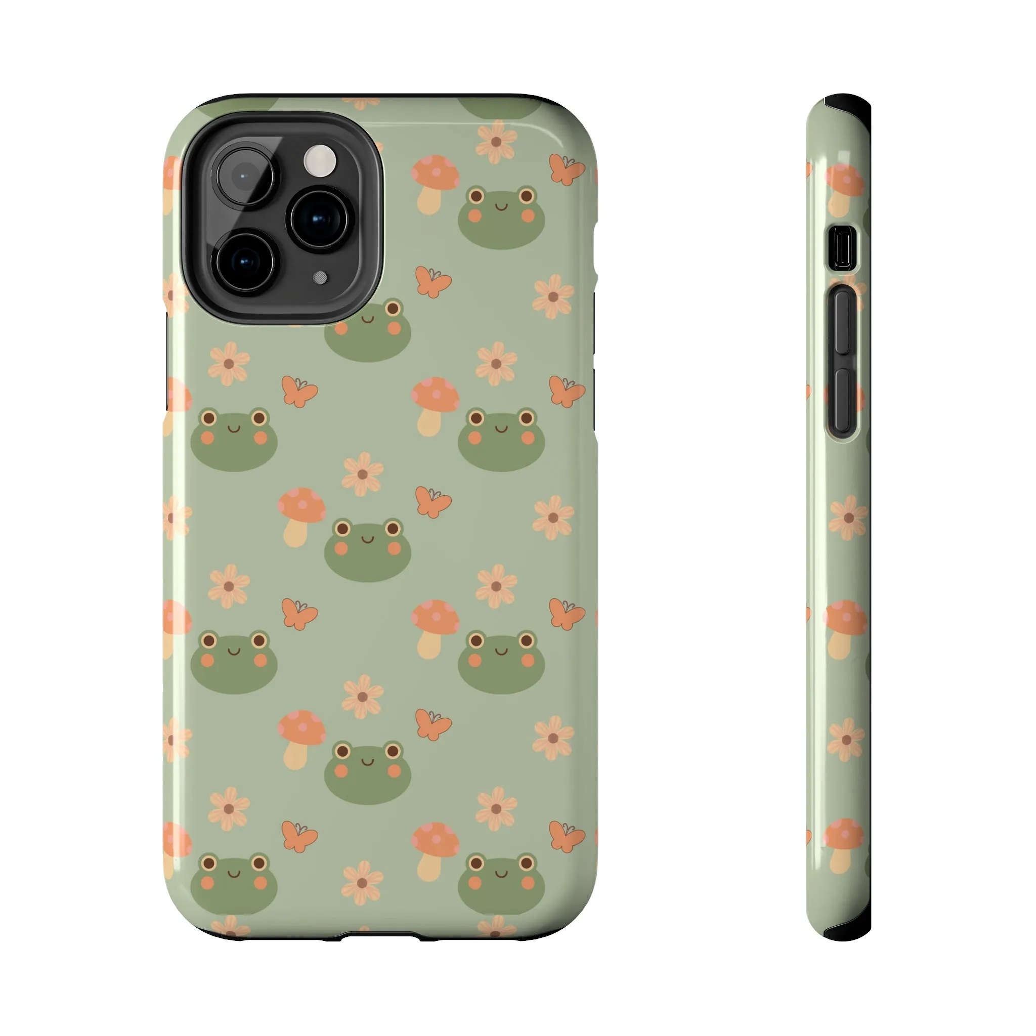 Adorable Frogs and Mushrooms iPhone Case, Cute Pastel Green Aesthetic, Protective Phone Accessory, Tough iPhone Case