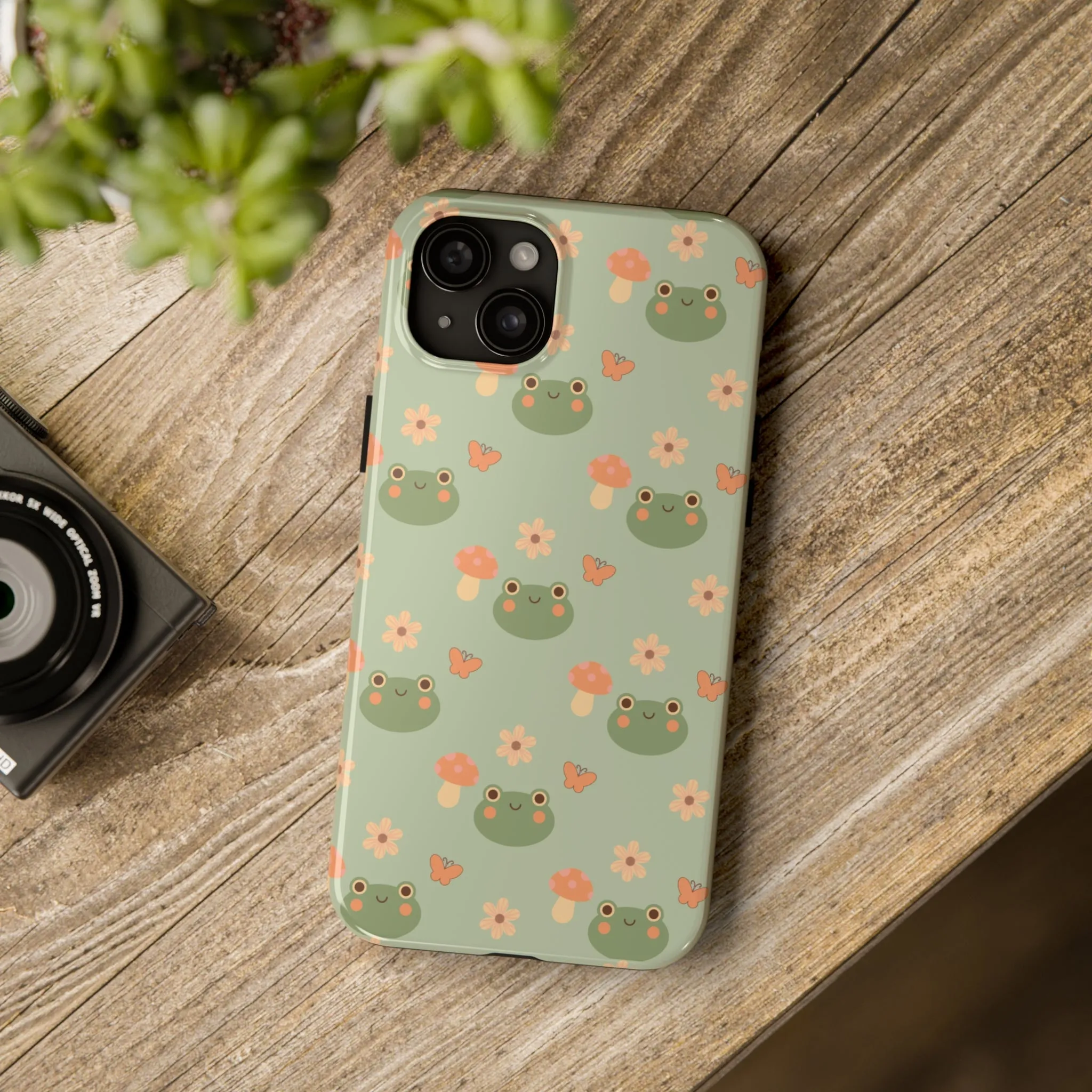 Adorable Frogs and Mushrooms iPhone Case, Cute Pastel Green Aesthetic, Protective Phone Accessory, Tough iPhone Case