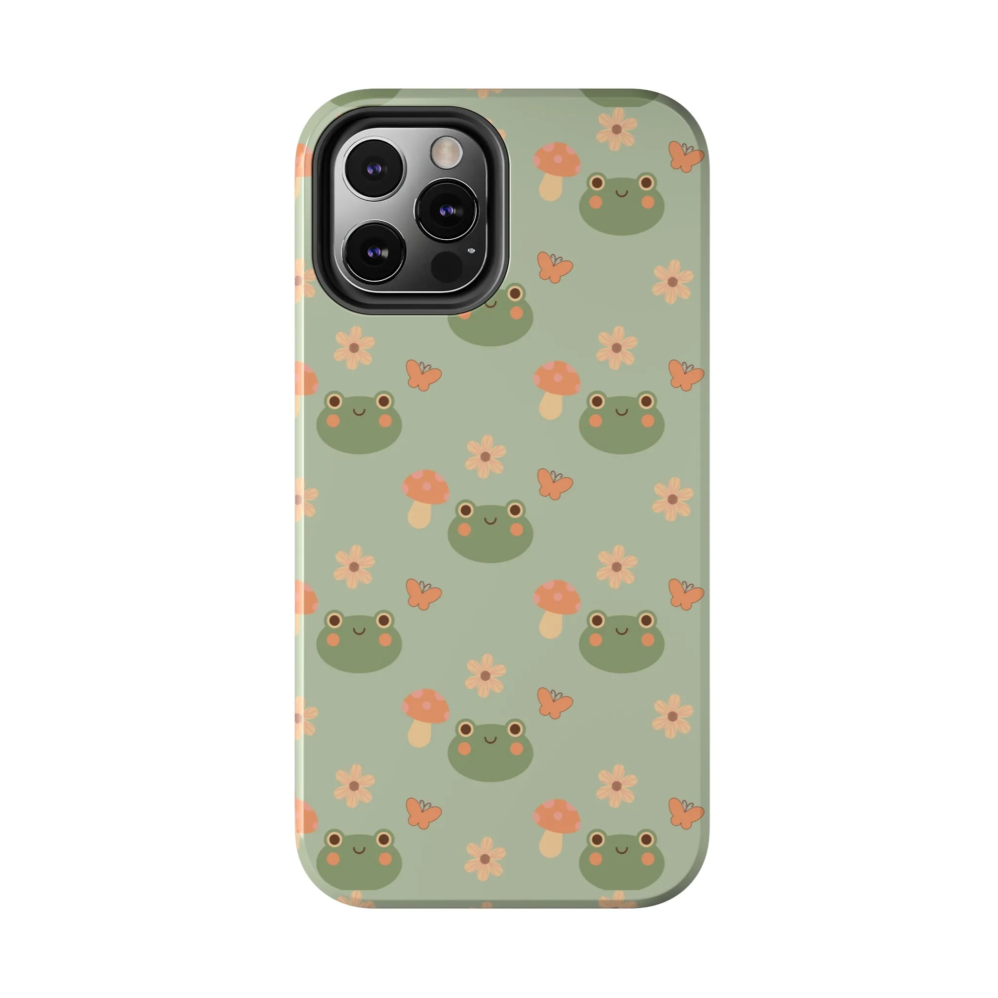 Adorable Frogs and Mushrooms iPhone Case, Cute Pastel Green Aesthetic, Protective Phone Accessory, Tough iPhone Case