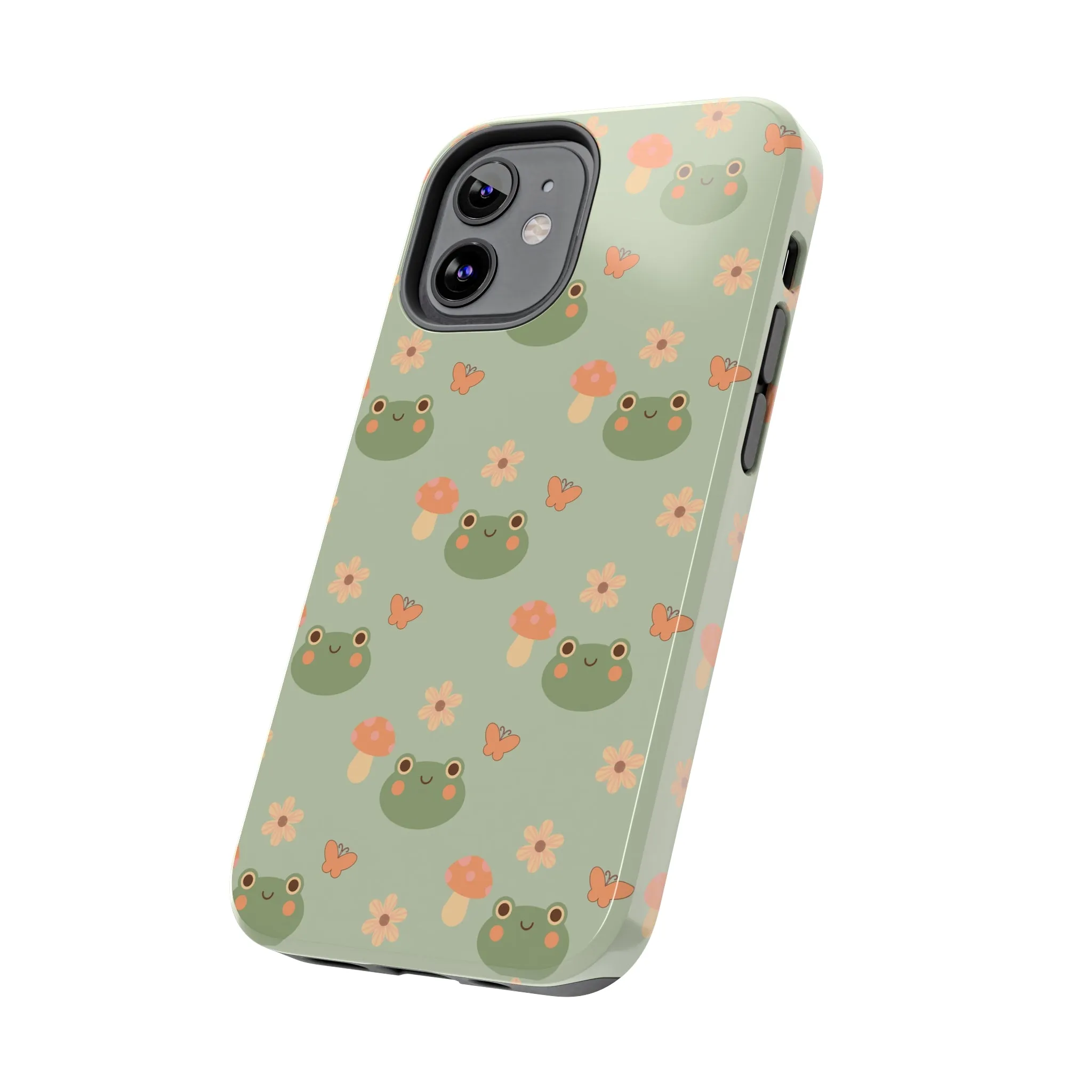 Adorable Frogs and Mushrooms iPhone Case, Cute Pastel Green Aesthetic, Protective Phone Accessory, Tough iPhone Case