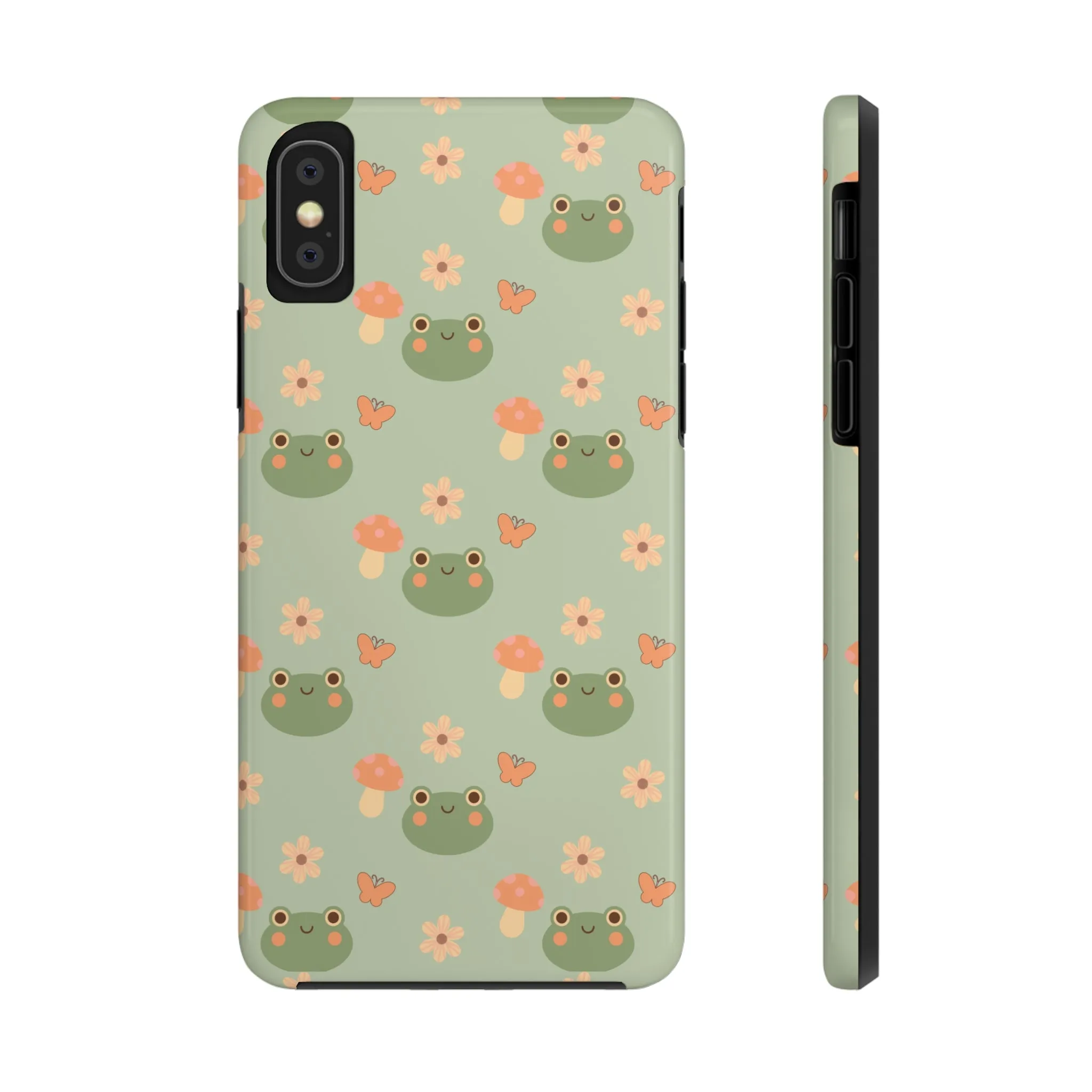 Adorable Frogs and Mushrooms iPhone Case, Cute Pastel Green Aesthetic, Protective Phone Accessory, Tough iPhone Case