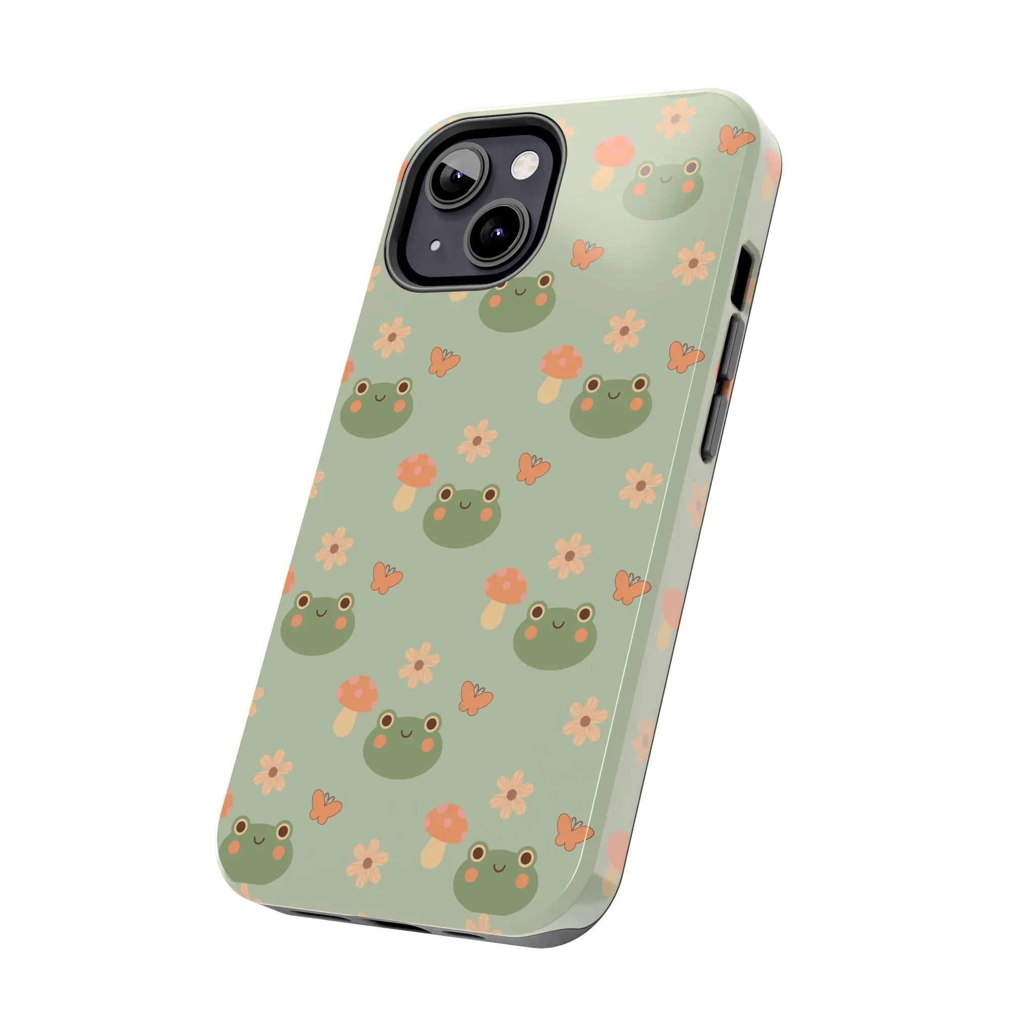 Adorable Frogs and Mushrooms iPhone Case, Cute Pastel Green Aesthetic, Protective Phone Accessory, Tough iPhone Case