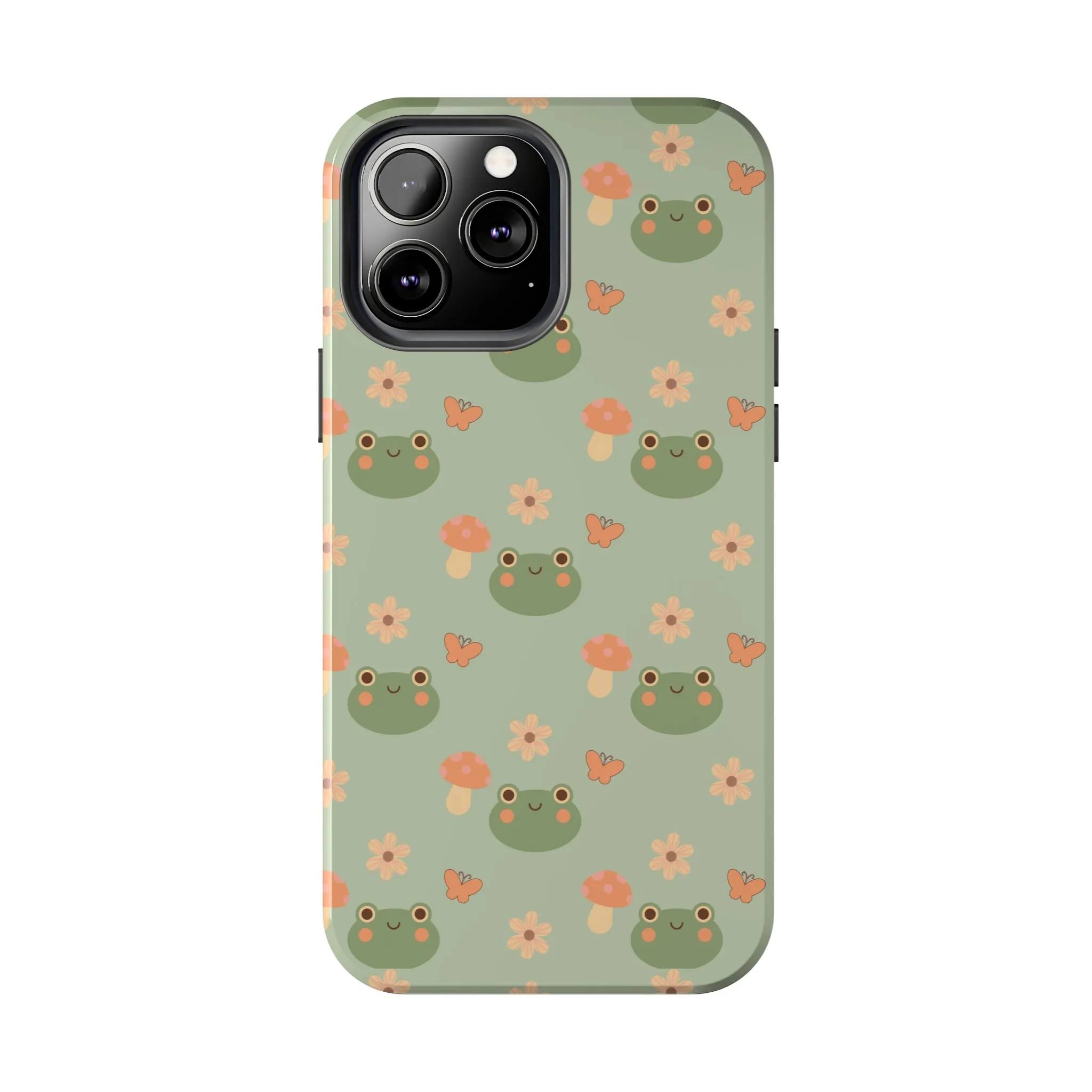 Adorable Frogs and Mushrooms iPhone Case, Cute Pastel Green Aesthetic, Protective Phone Accessory, Tough iPhone Case