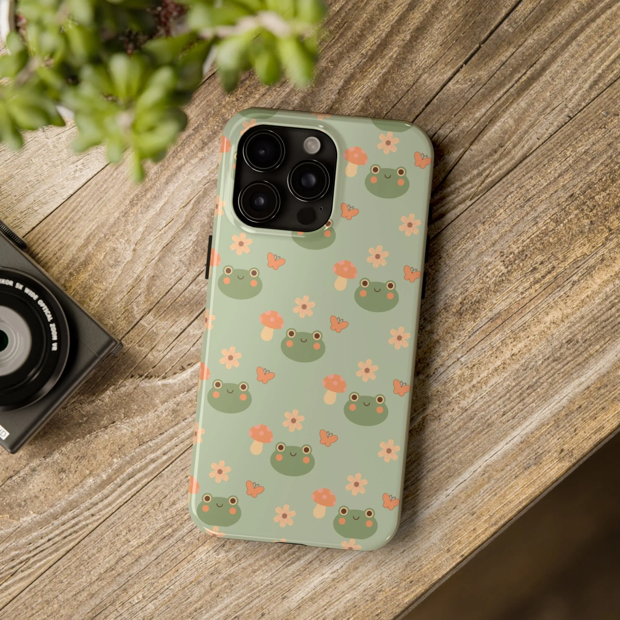 Adorable Frogs and Mushrooms iPhone Case, Cute Pastel Green Aesthetic, Protective Phone Accessory, Tough iPhone Case