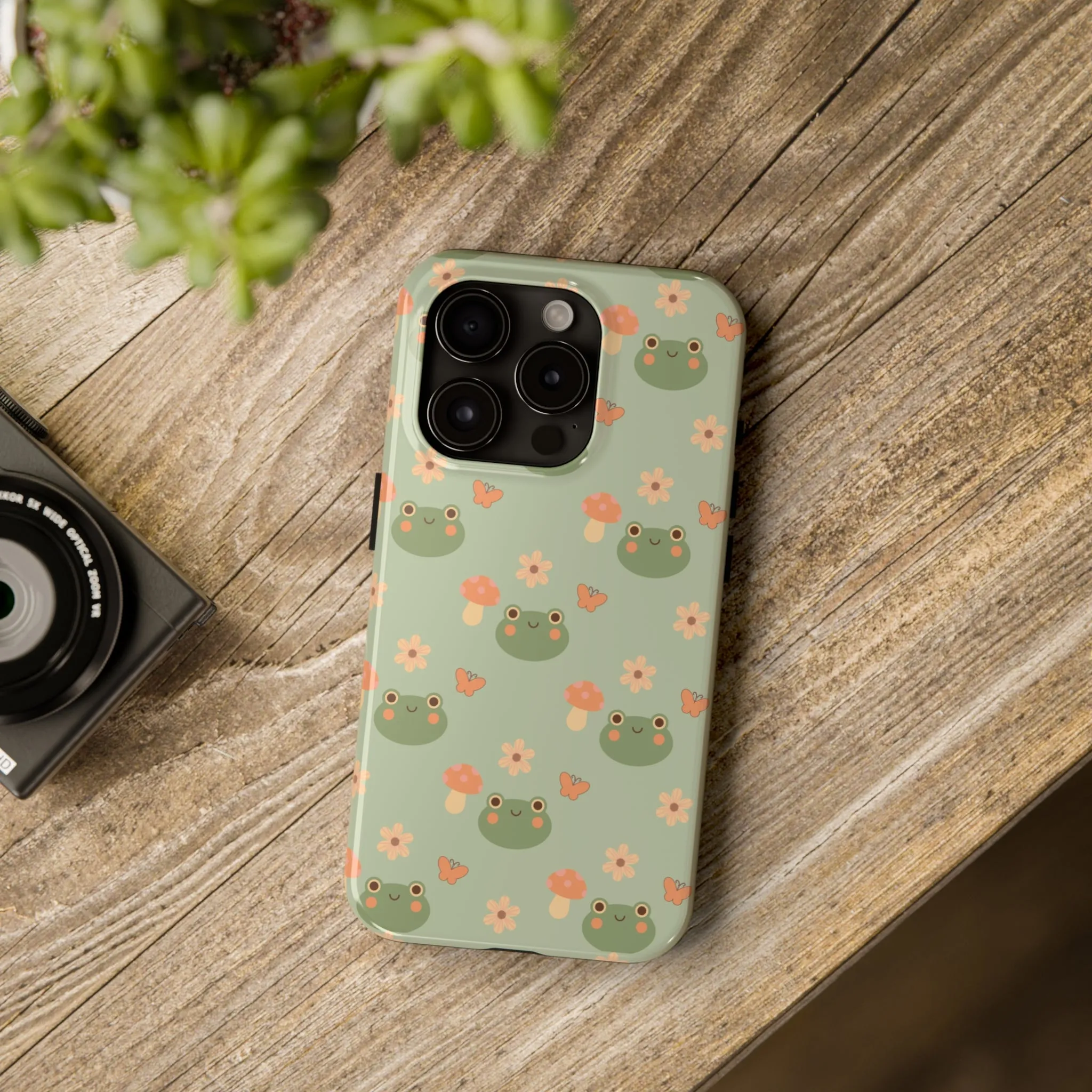 Adorable Frogs and Mushrooms iPhone Case, Cute Pastel Green Aesthetic, Protective Phone Accessory, Tough iPhone Case