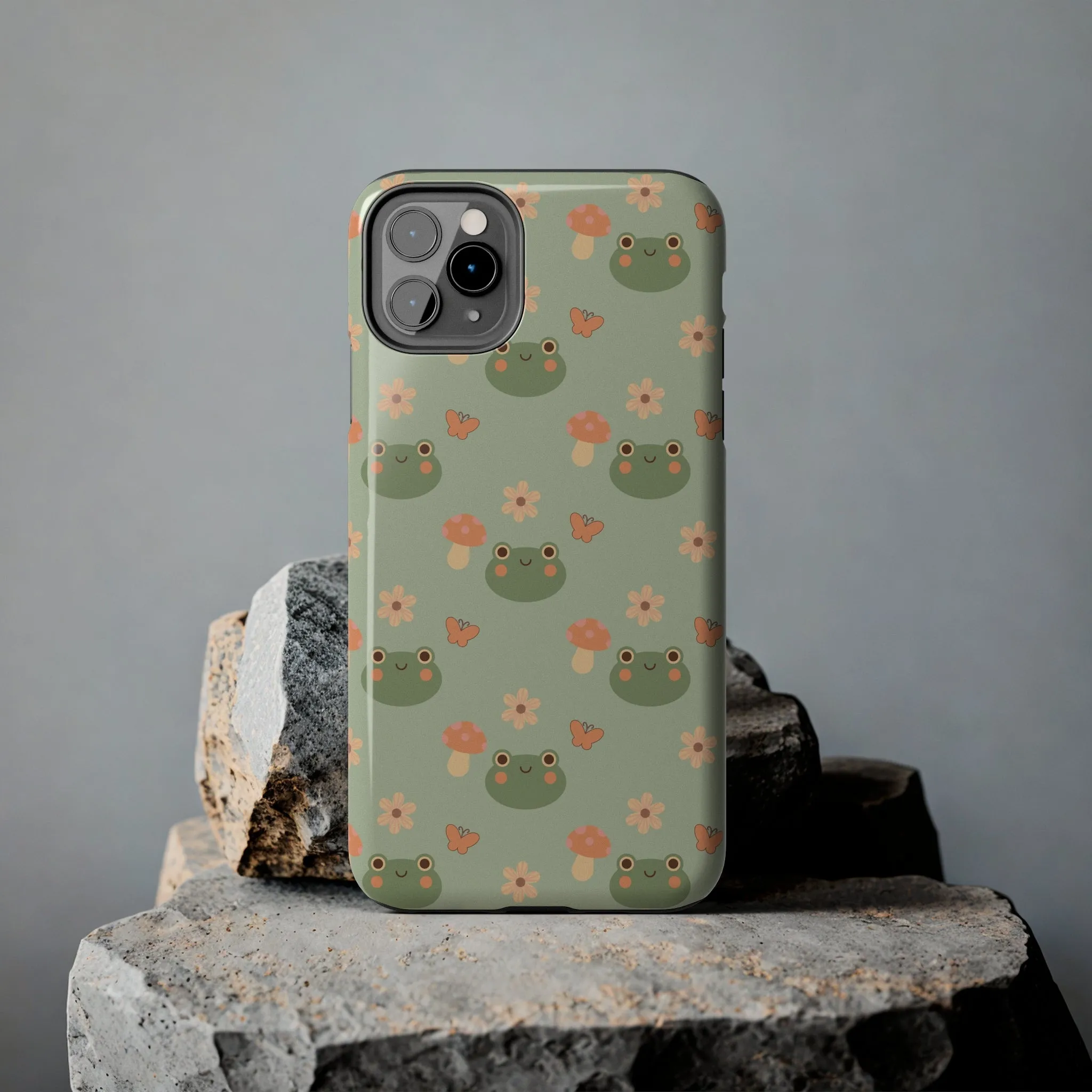 Adorable Frogs and Mushrooms iPhone Case, Cute Pastel Green Aesthetic, Protective Phone Accessory, Tough iPhone Case