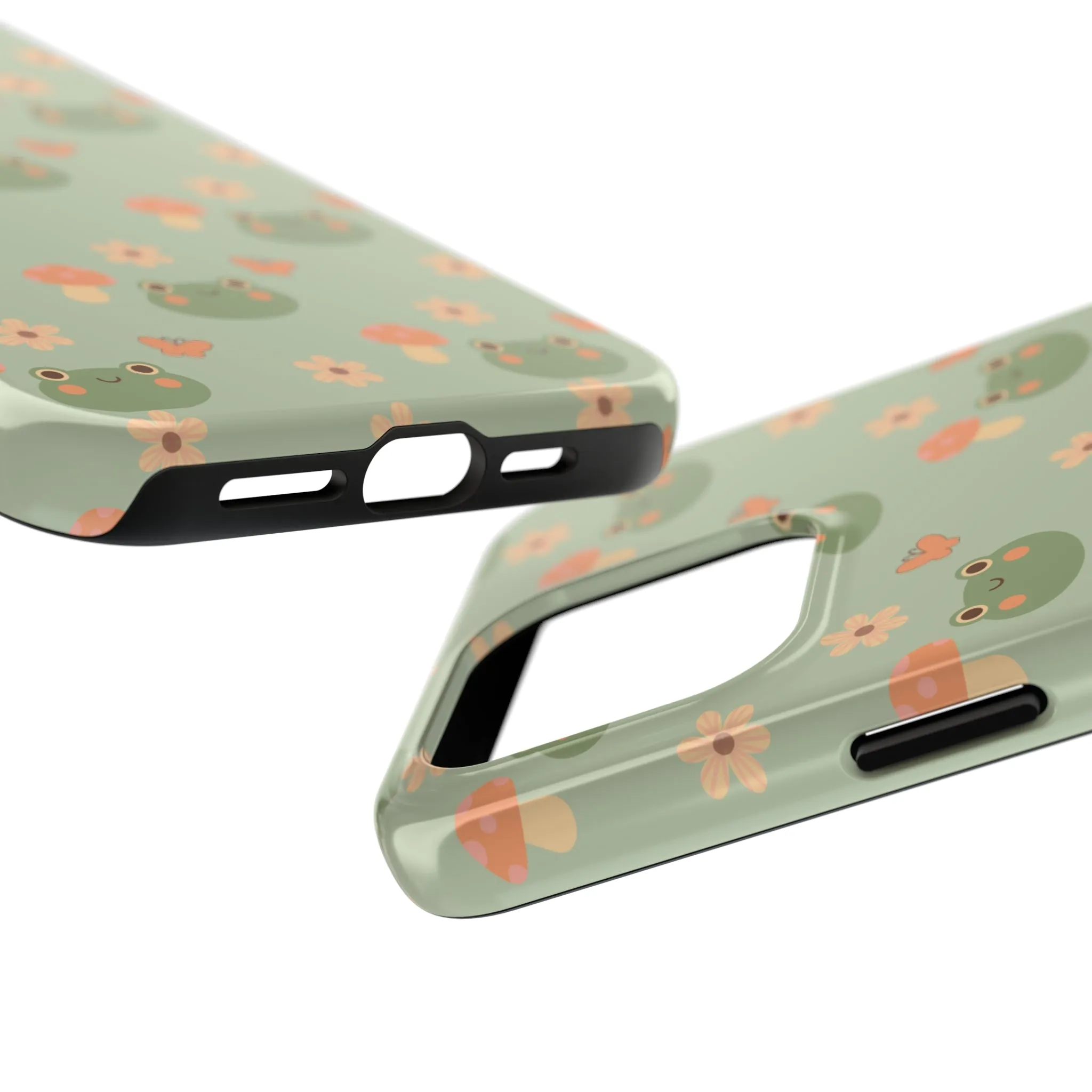 Adorable Frogs and Mushrooms iPhone Case, Cute Pastel Green Aesthetic, Protective Phone Accessory, Tough iPhone Case