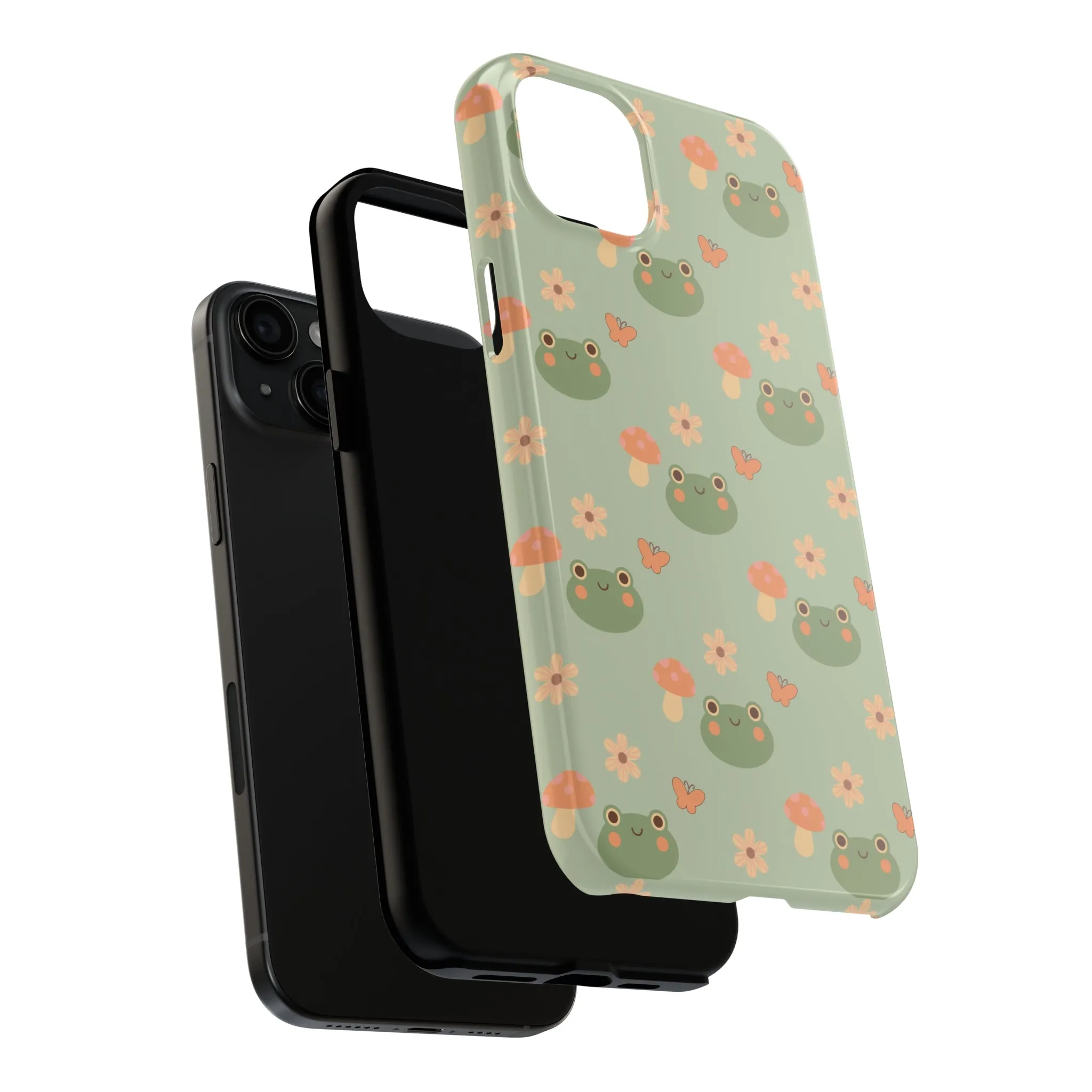 Adorable Frogs and Mushrooms iPhone Case, Cute Pastel Green Aesthetic, Protective Phone Accessory, Tough iPhone Case