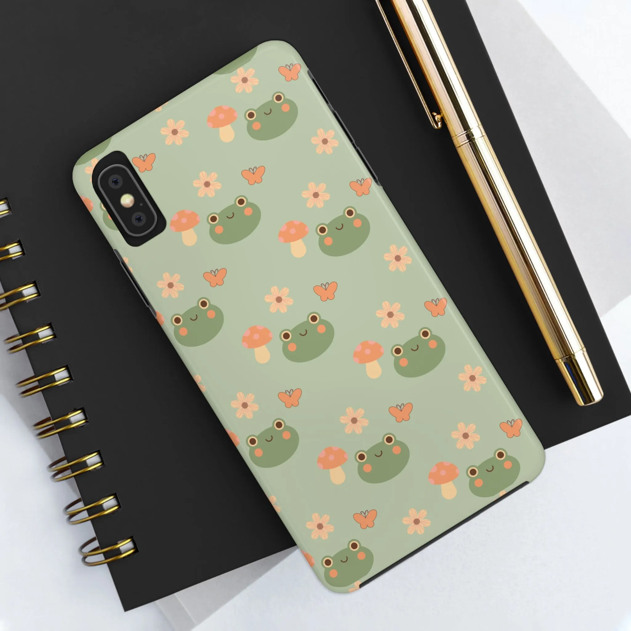 Adorable Frogs and Mushrooms iPhone Case, Cute Pastel Green Aesthetic, Protective Phone Accessory, Tough iPhone Case