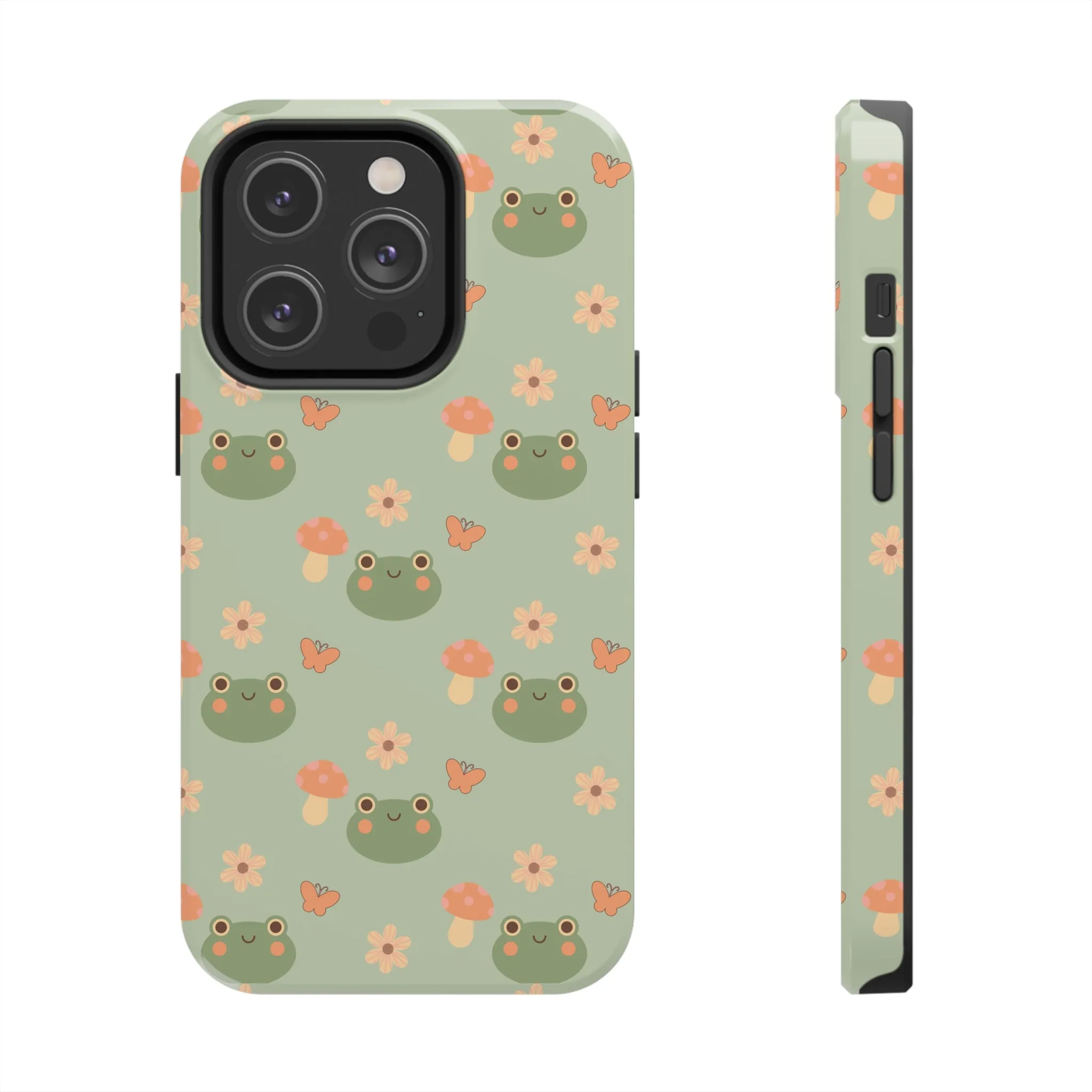 Adorable Frogs and Mushrooms iPhone Case, Cute Pastel Green Aesthetic, Protective Phone Accessory, Tough iPhone Case