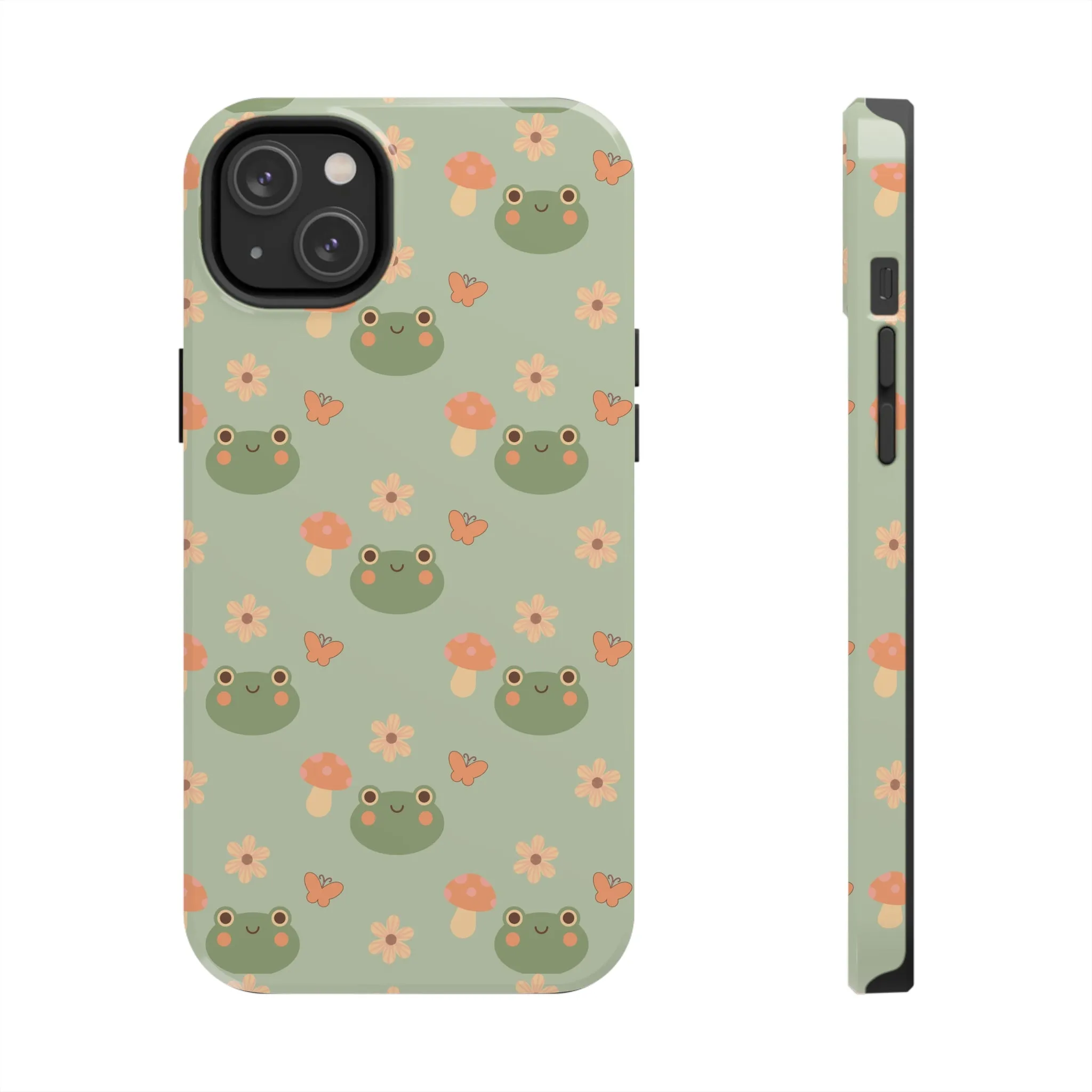 Adorable Frogs and Mushrooms iPhone Case, Cute Pastel Green Aesthetic, Protective Phone Accessory, Tough iPhone Case