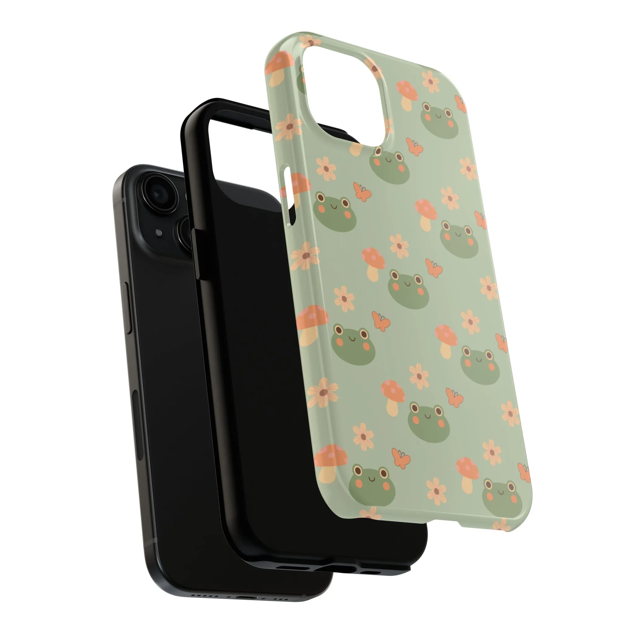 Adorable Frogs and Mushrooms iPhone Case, Cute Pastel Green Aesthetic, Protective Phone Accessory, Tough iPhone Case