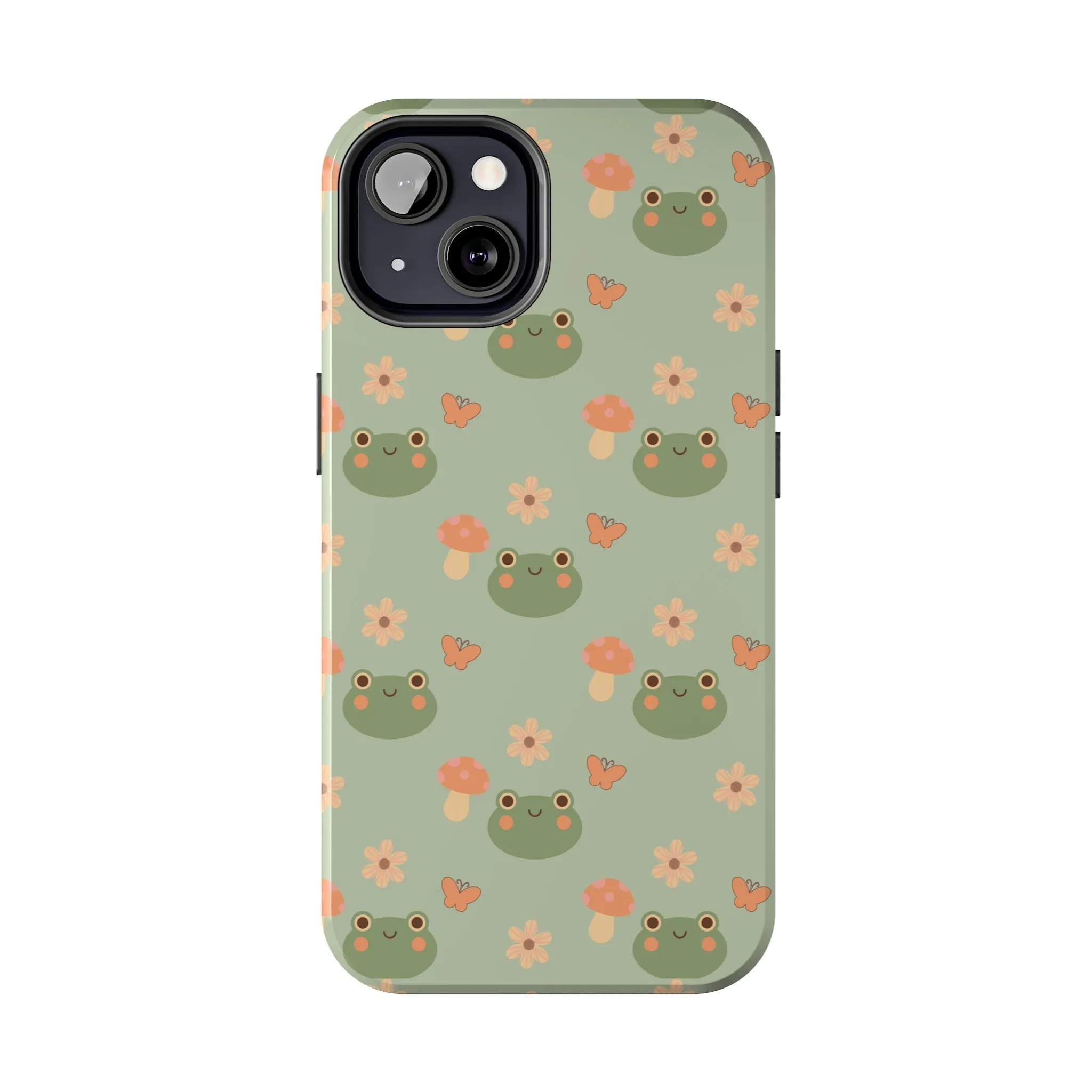 Adorable Frogs and Mushrooms iPhone Case, Cute Pastel Green Aesthetic, Protective Phone Accessory, Tough iPhone Case