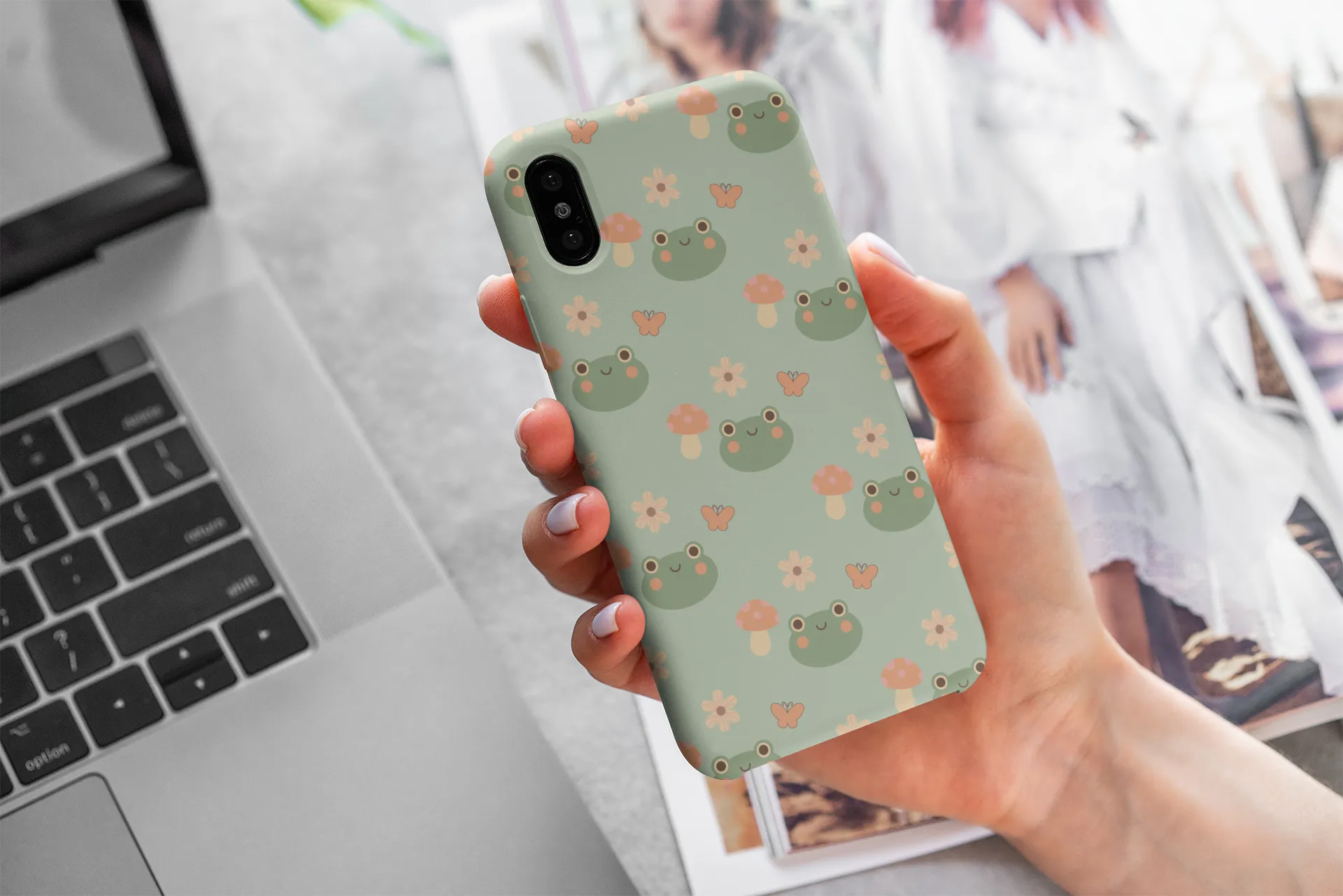 Adorable Frogs and Mushrooms iPhone Case, Cute Pastel Green Aesthetic, Protective Phone Accessory, Tough iPhone Case