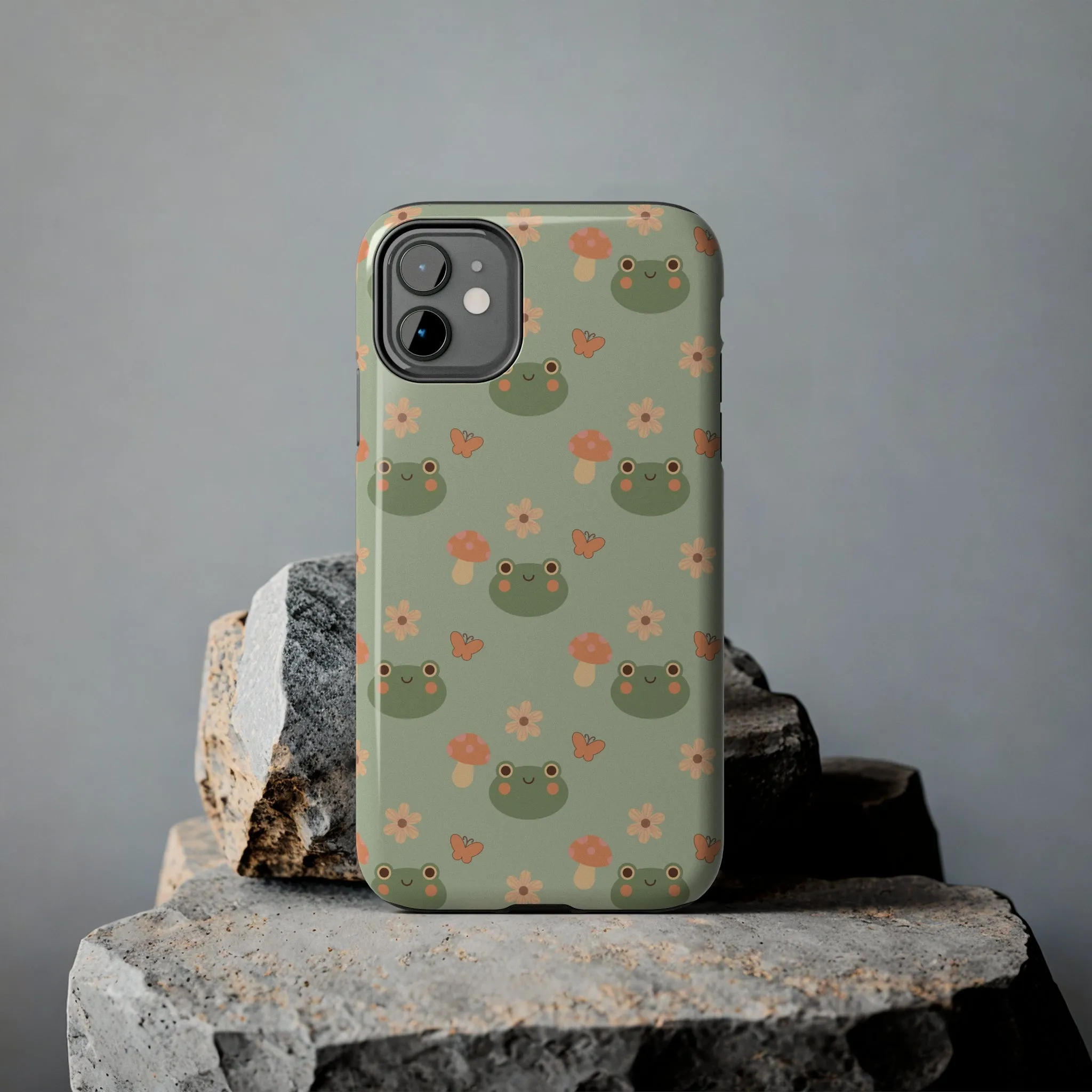 Adorable Frogs and Mushrooms iPhone Case, Cute Pastel Green Aesthetic, Protective Phone Accessory, Tough iPhone Case