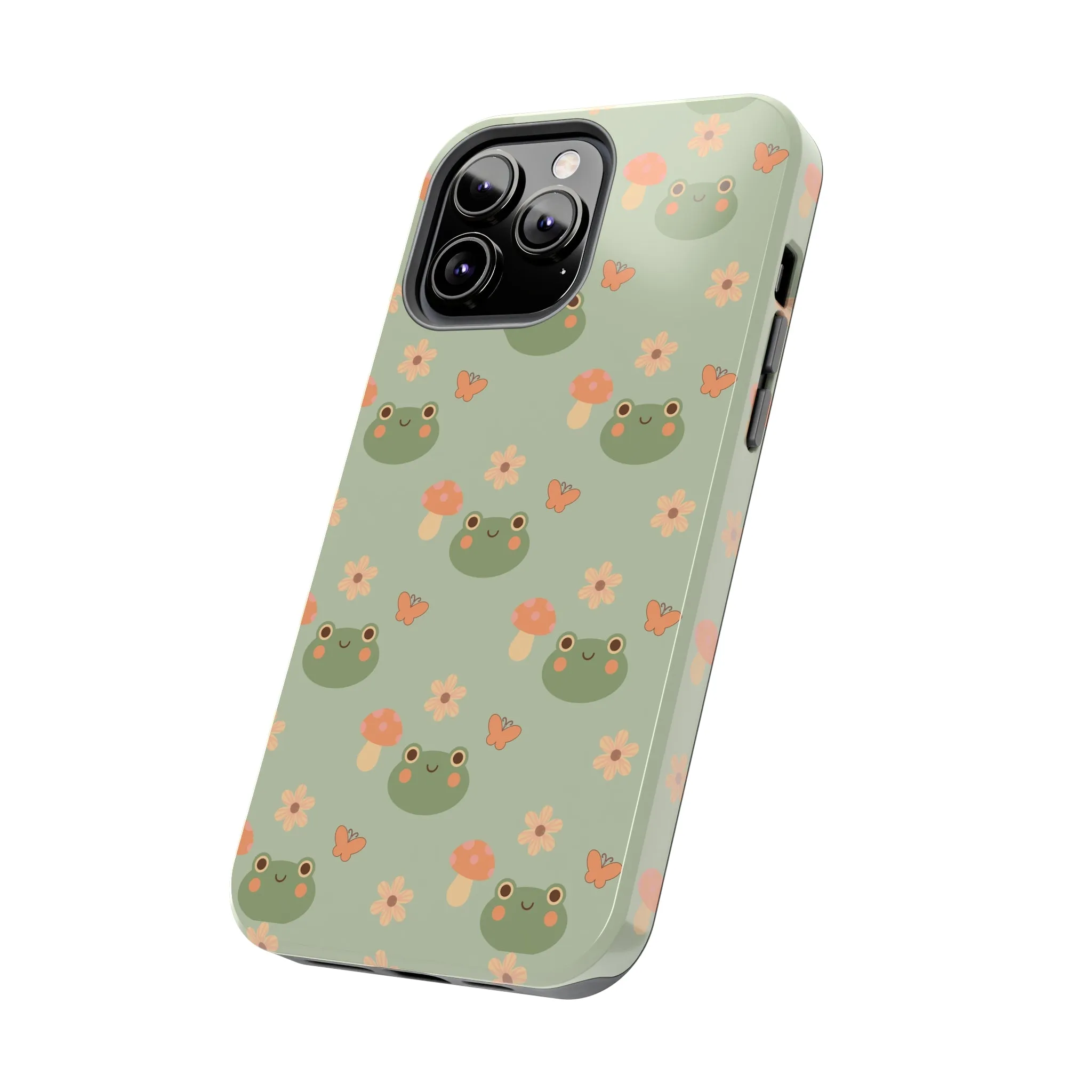 Adorable Frogs and Mushrooms iPhone Case, Cute Pastel Green Aesthetic, Protective Phone Accessory, Tough iPhone Case