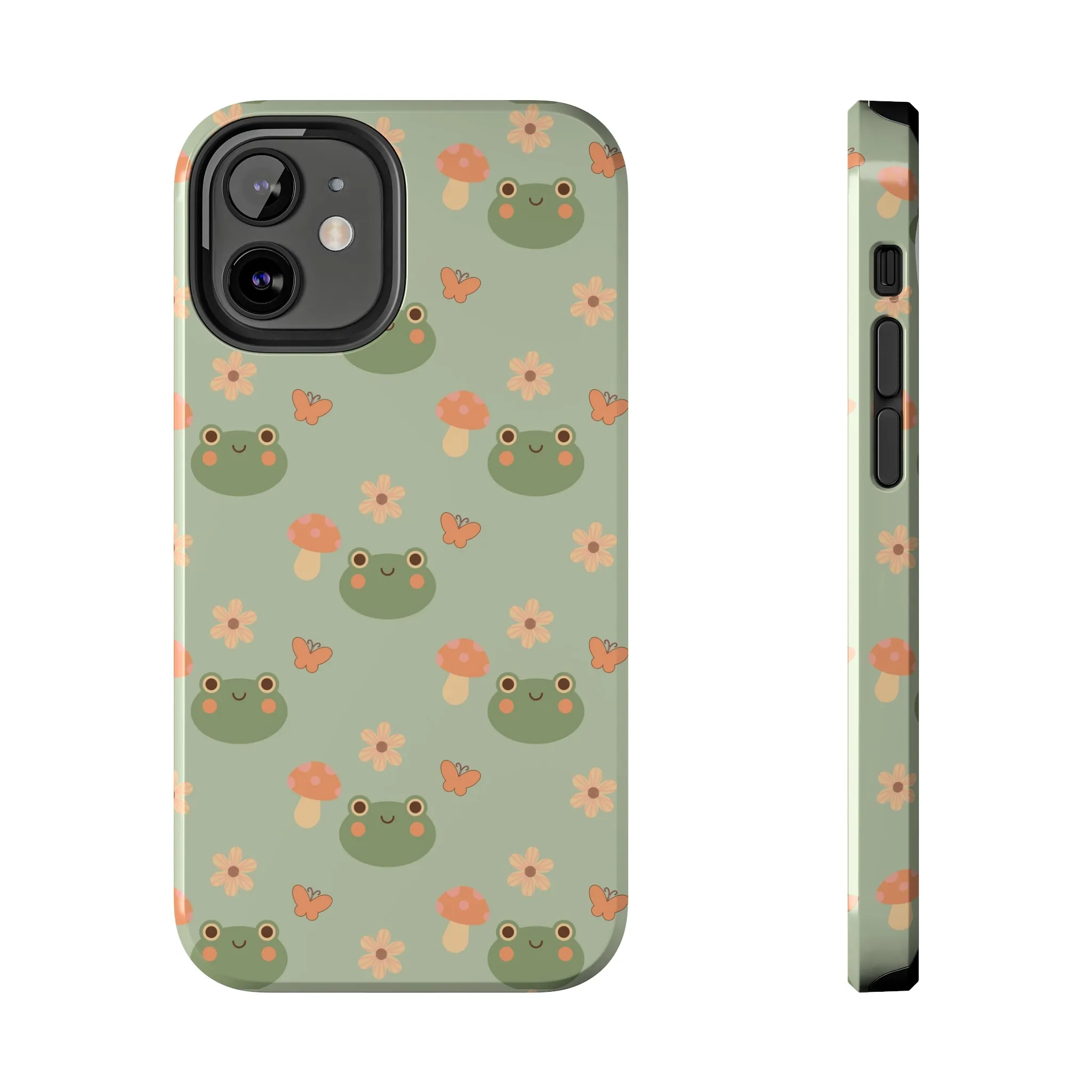 Adorable Frogs and Mushrooms iPhone Case, Cute Pastel Green Aesthetic, Protective Phone Accessory, Tough iPhone Case