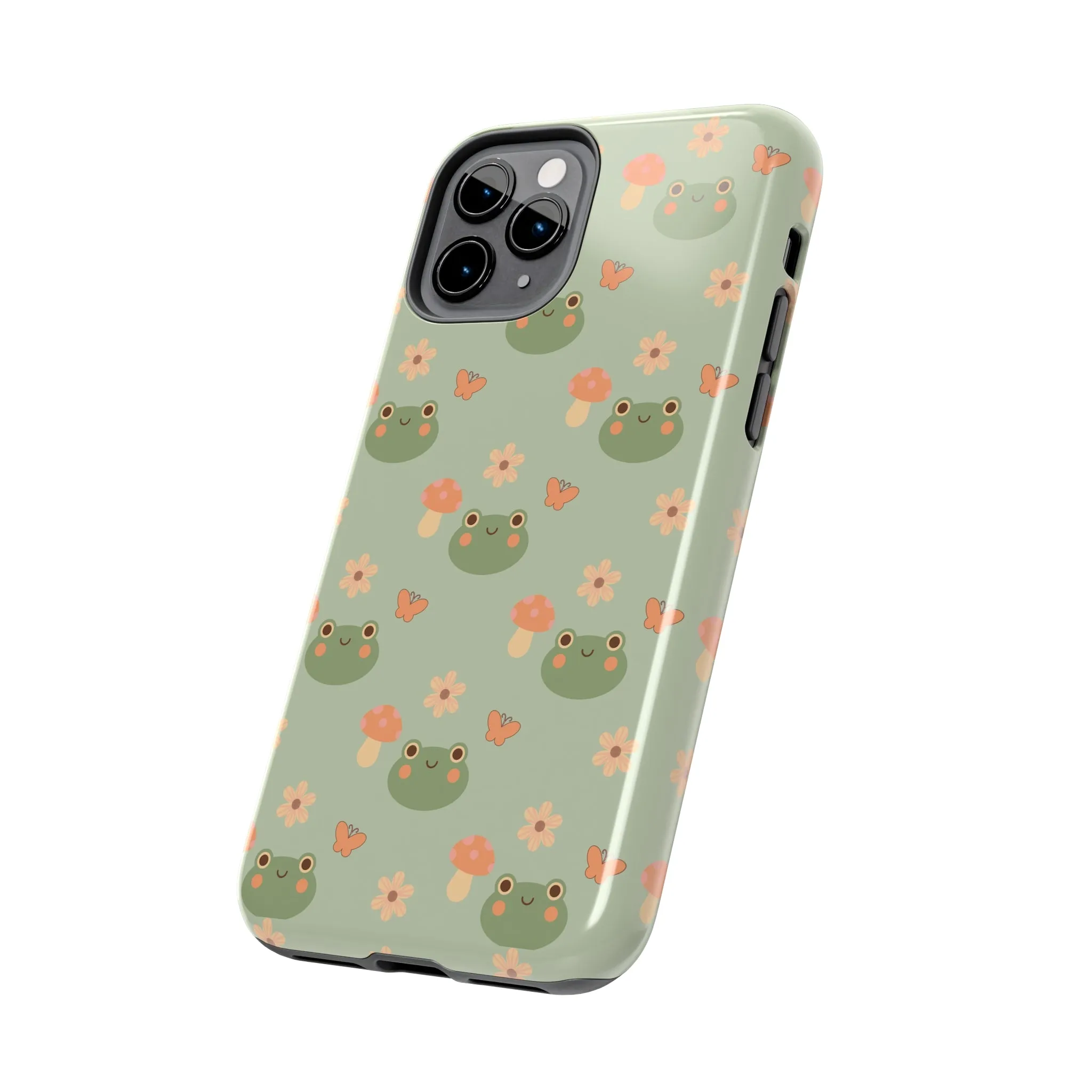 Adorable Frogs and Mushrooms iPhone Case, Cute Pastel Green Aesthetic, Protective Phone Accessory, Tough iPhone Case