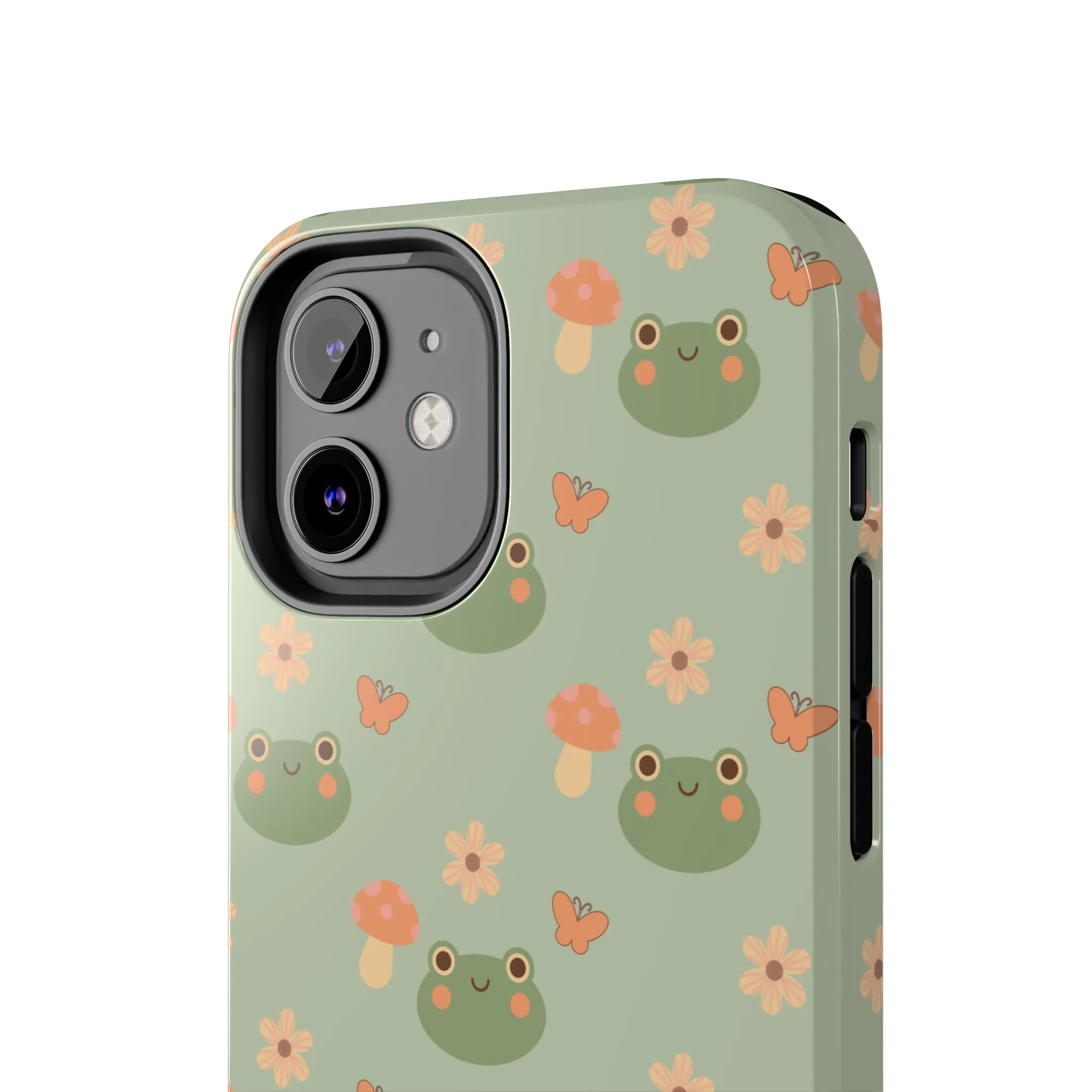 Adorable Frogs and Mushrooms iPhone Case, Cute Pastel Green Aesthetic, Protective Phone Accessory, Tough iPhone Case