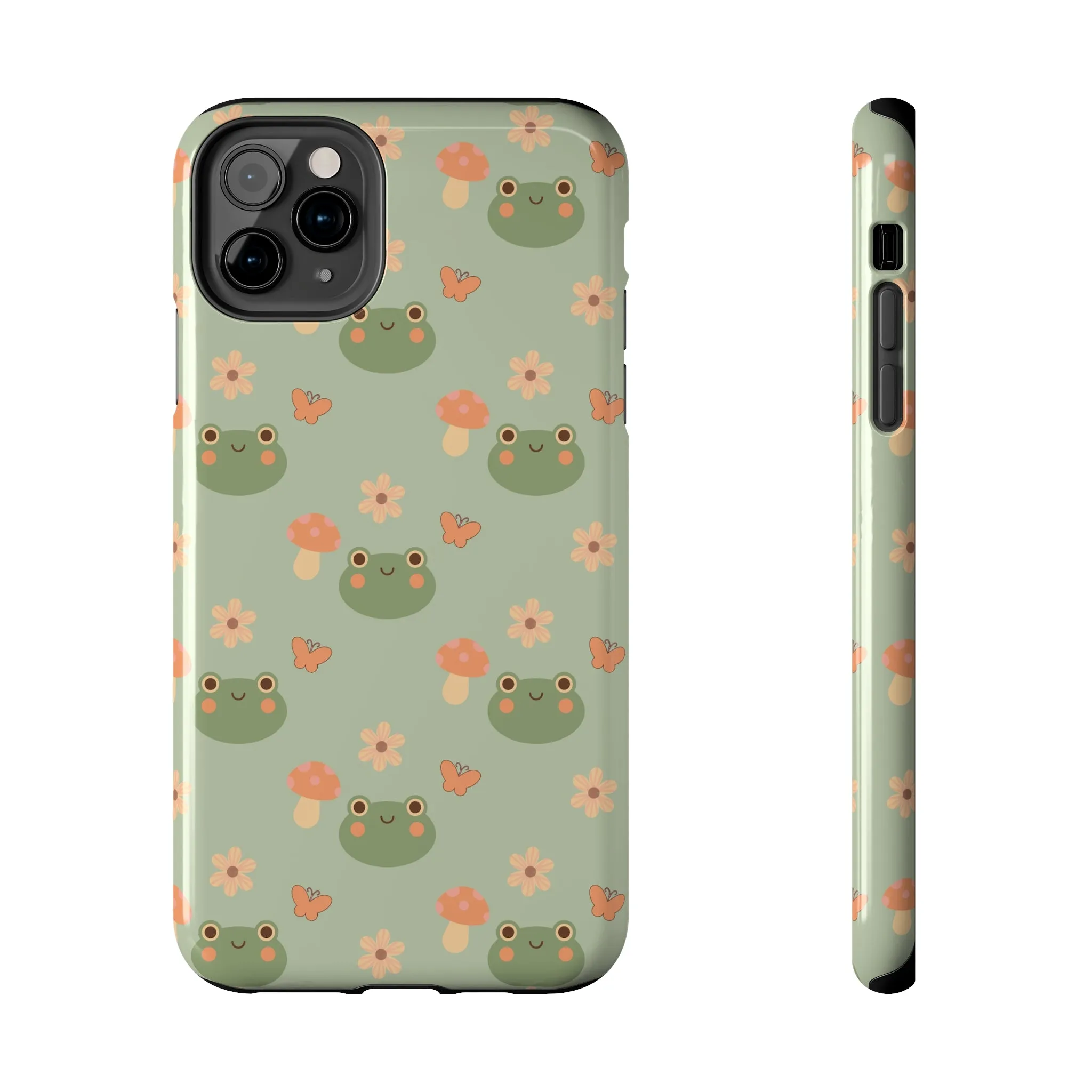 Adorable Frogs and Mushrooms iPhone Case, Cute Pastel Green Aesthetic, Protective Phone Accessory, Tough iPhone Case