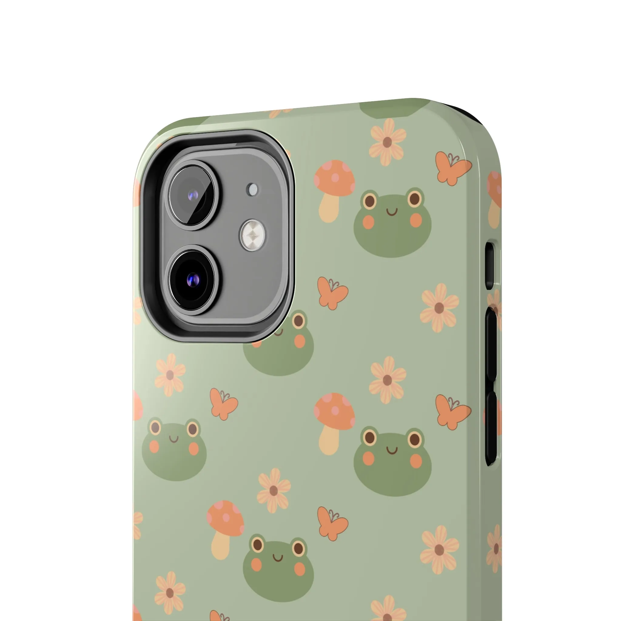 Adorable Frogs and Mushrooms iPhone Case, Cute Pastel Green Aesthetic, Protective Phone Accessory, Tough iPhone Case