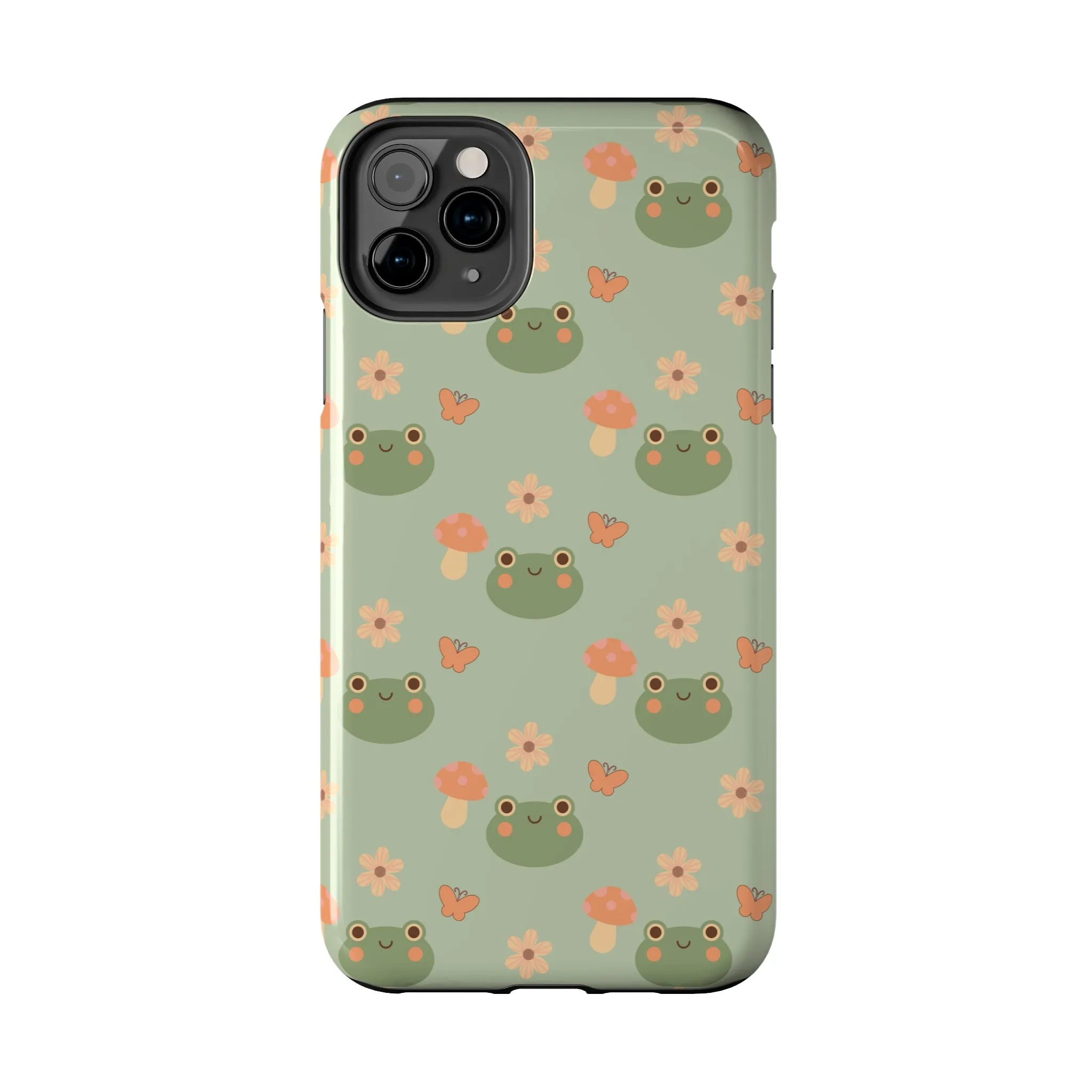 Adorable Frogs and Mushrooms iPhone Case, Cute Pastel Green Aesthetic, Protective Phone Accessory, Tough iPhone Case