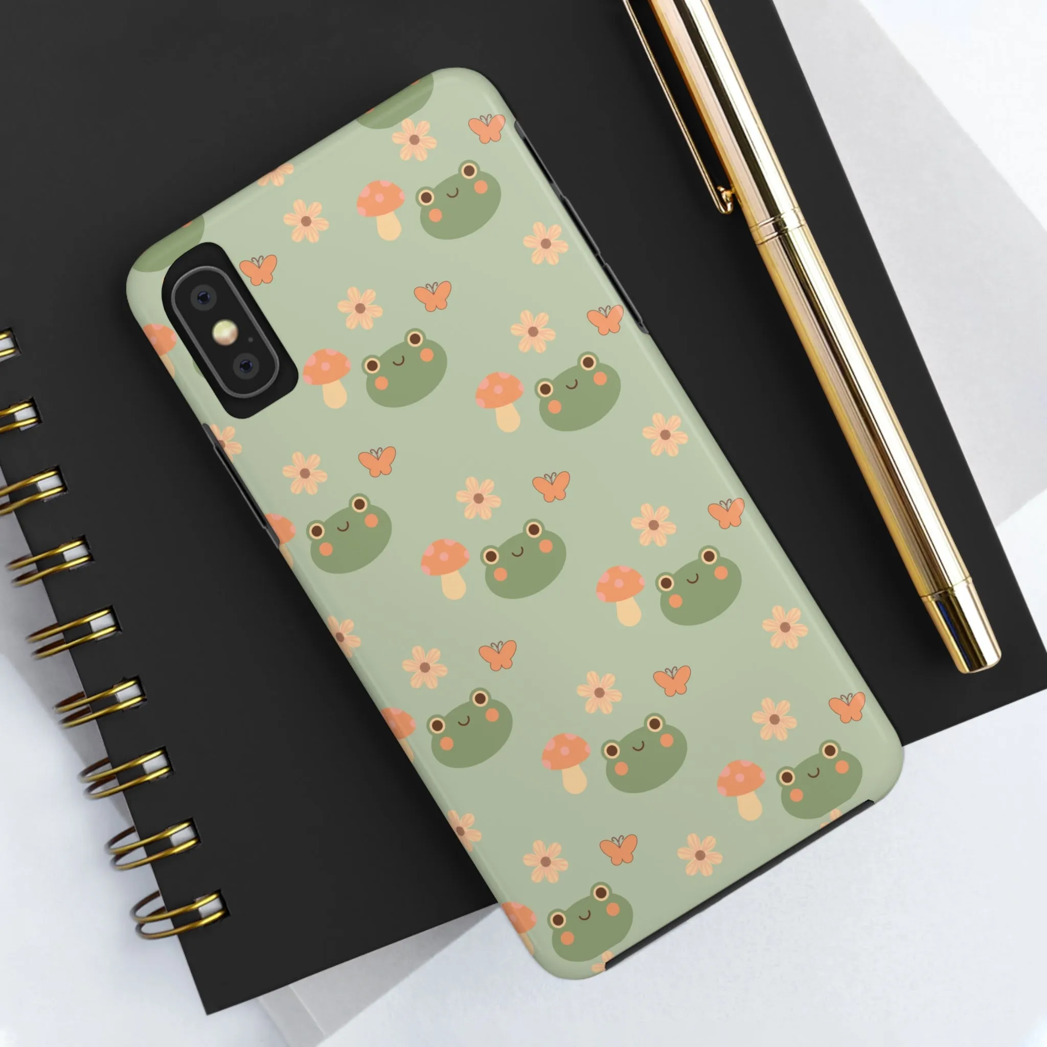 Adorable Frogs and Mushrooms iPhone Case, Cute Pastel Green Aesthetic, Protective Phone Accessory, Tough iPhone Case