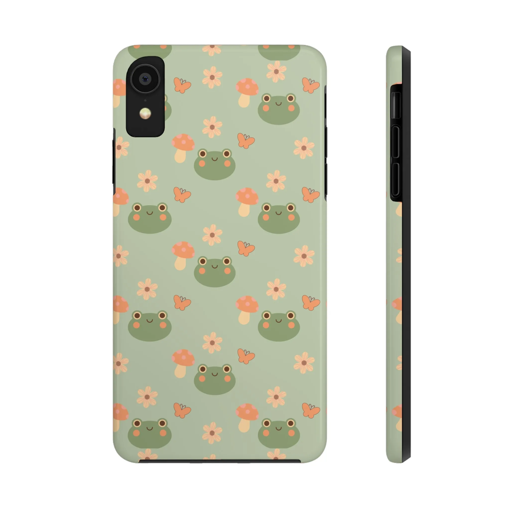 Adorable Frogs and Mushrooms iPhone Case, Cute Pastel Green Aesthetic, Protective Phone Accessory, Tough iPhone Case