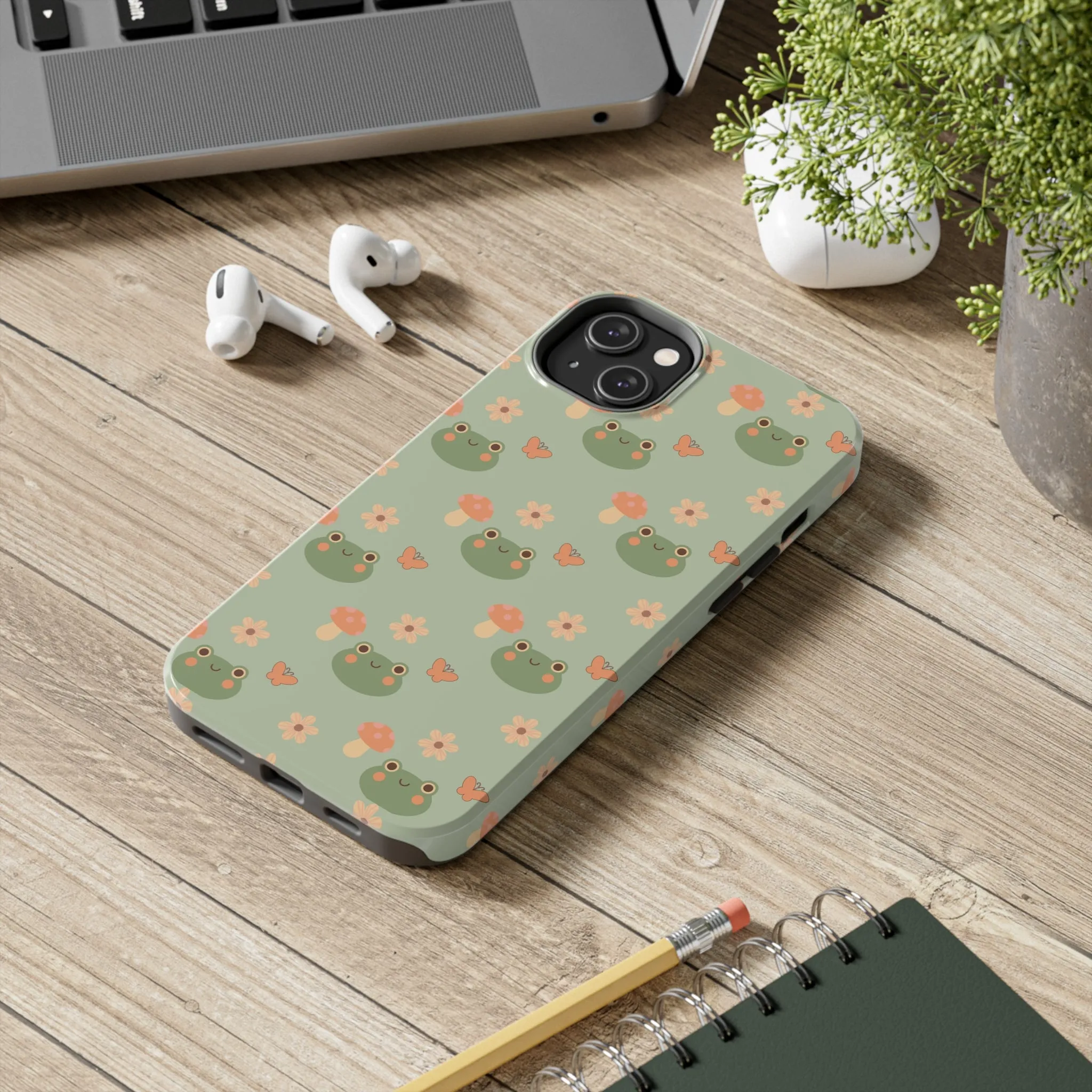 Adorable Frogs and Mushrooms iPhone Case, Cute Pastel Green Aesthetic, Protective Phone Accessory, Tough iPhone Case