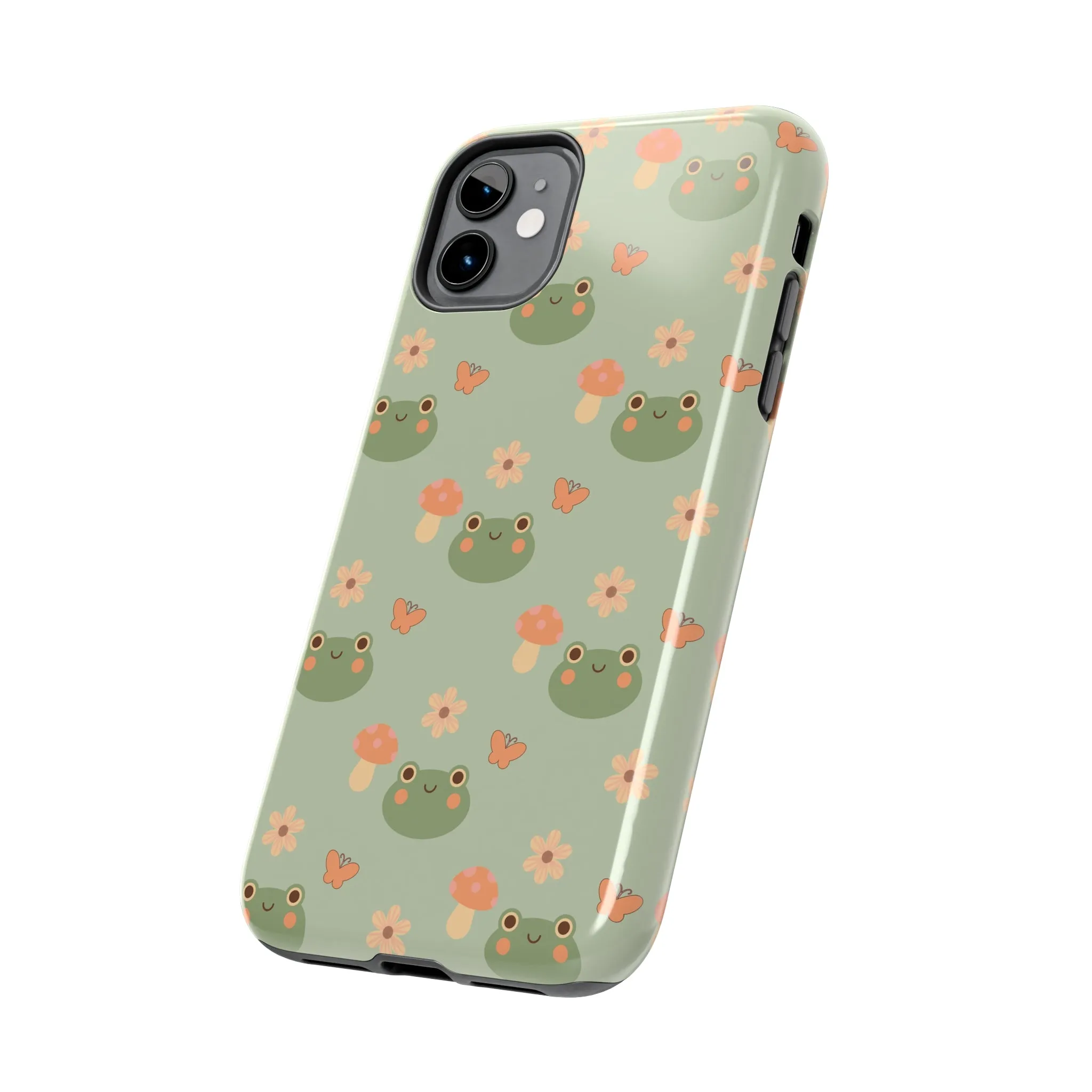 Adorable Frogs and Mushrooms iPhone Case, Cute Pastel Green Aesthetic, Protective Phone Accessory, Tough iPhone Case