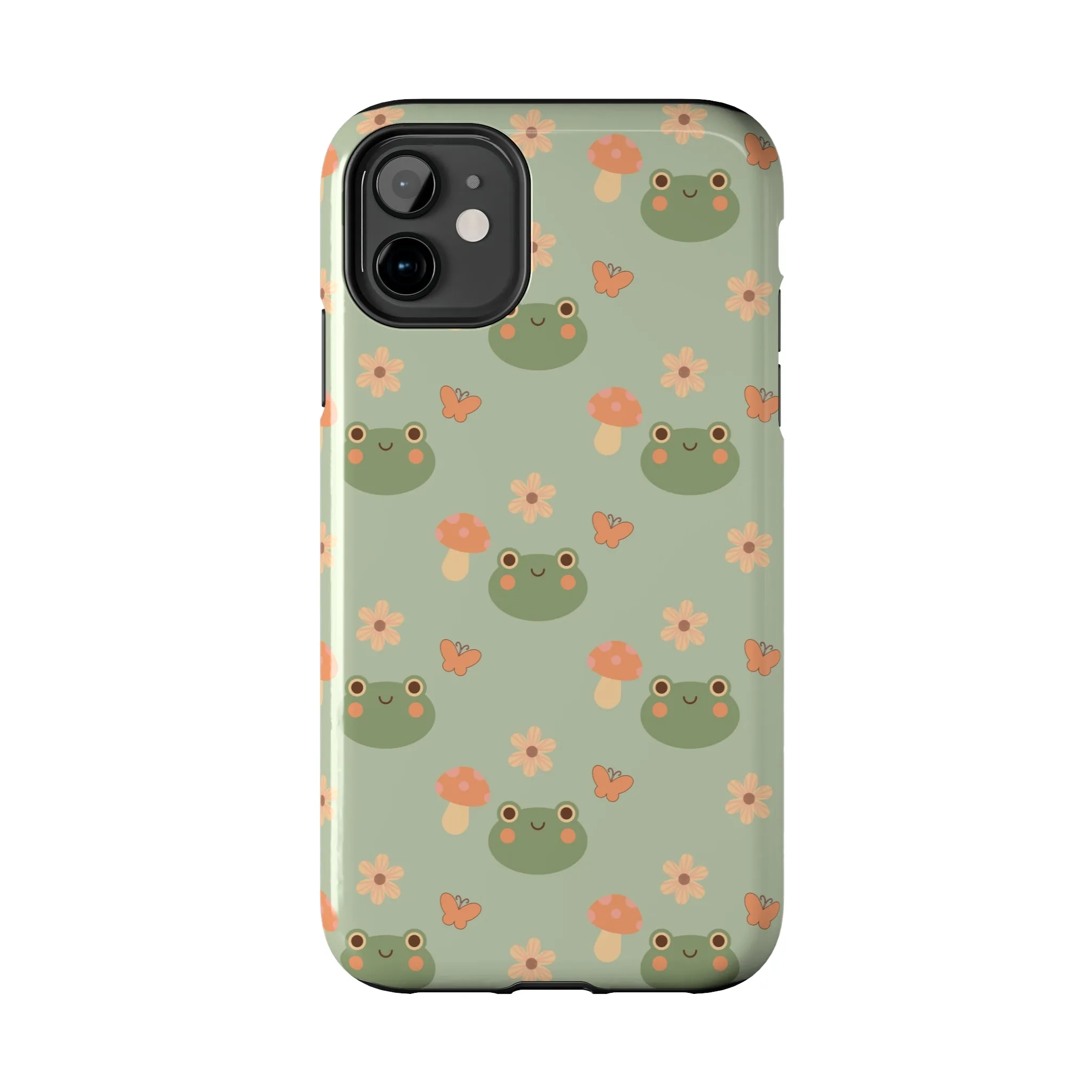 Adorable Frogs and Mushrooms iPhone Case, Cute Pastel Green Aesthetic, Protective Phone Accessory, Tough iPhone Case