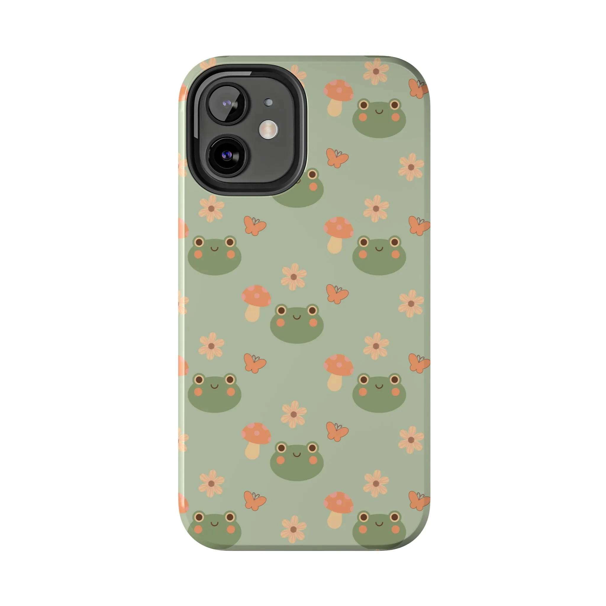 Adorable Frogs and Mushrooms iPhone Case, Cute Pastel Green Aesthetic, Protective Phone Accessory, Tough iPhone Case