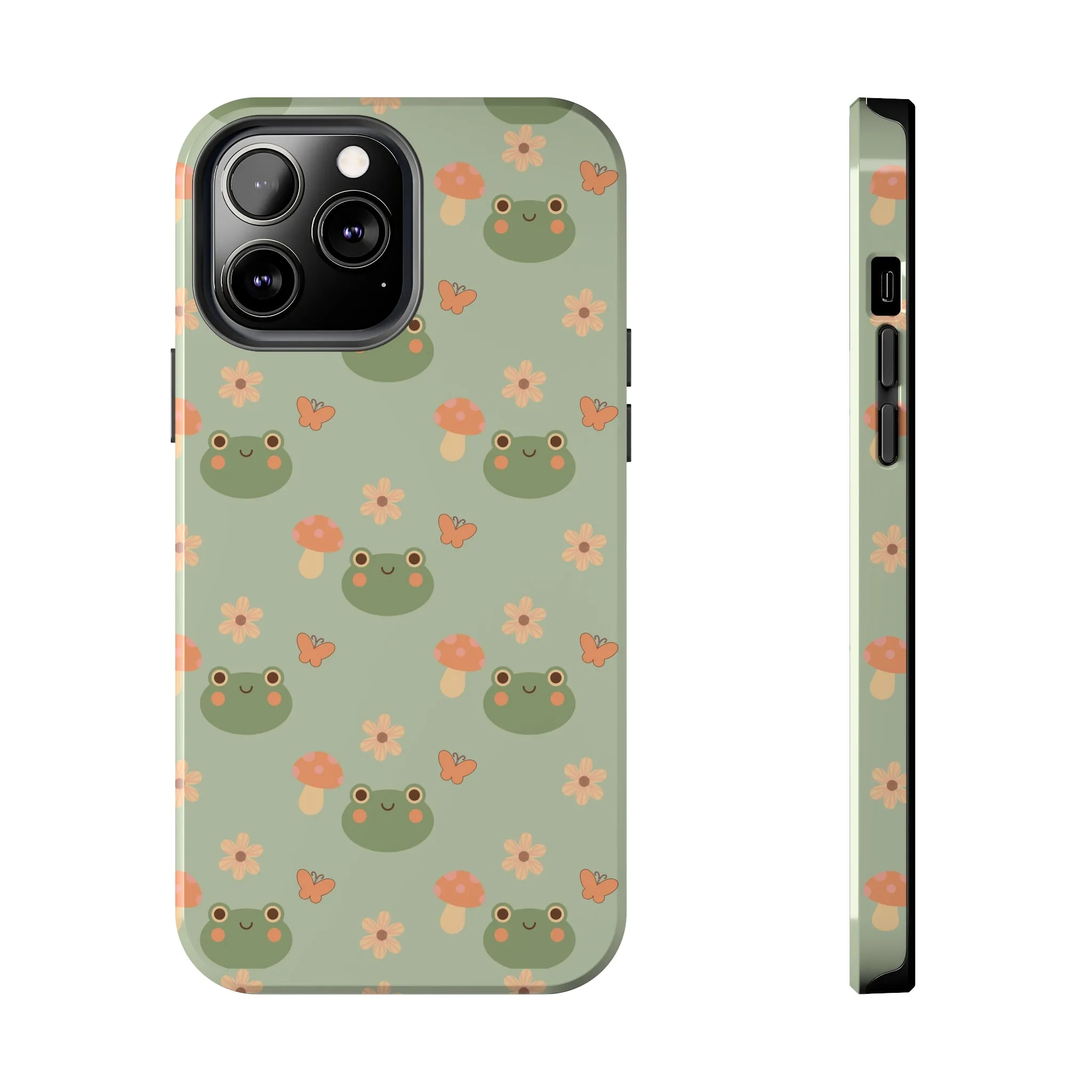 Adorable Frogs and Mushrooms iPhone Case, Cute Pastel Green Aesthetic, Protective Phone Accessory, Tough iPhone Case