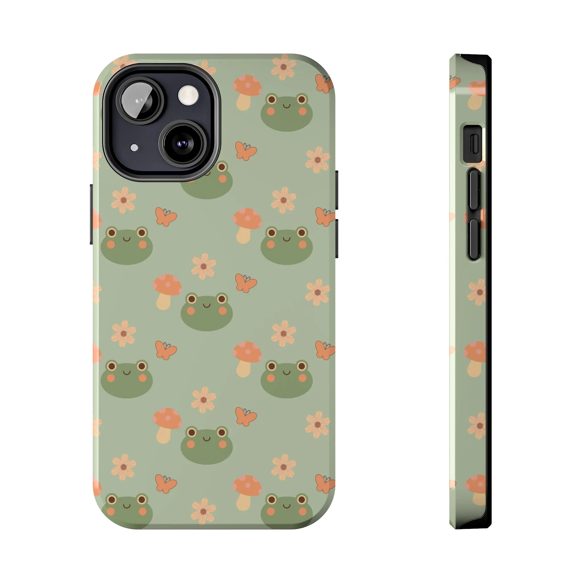 Adorable Frogs and Mushrooms iPhone Case, Cute Pastel Green Aesthetic, Protective Phone Accessory, Tough iPhone Case