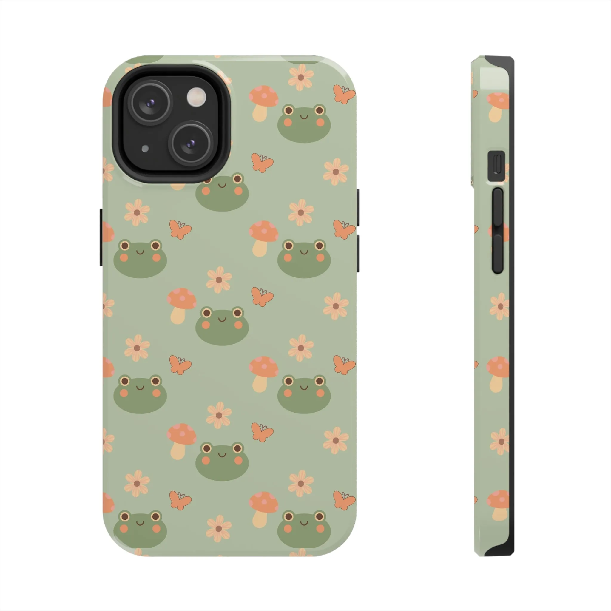 Adorable Frogs and Mushrooms iPhone Case, Cute Pastel Green Aesthetic, Protective Phone Accessory, Tough iPhone Case